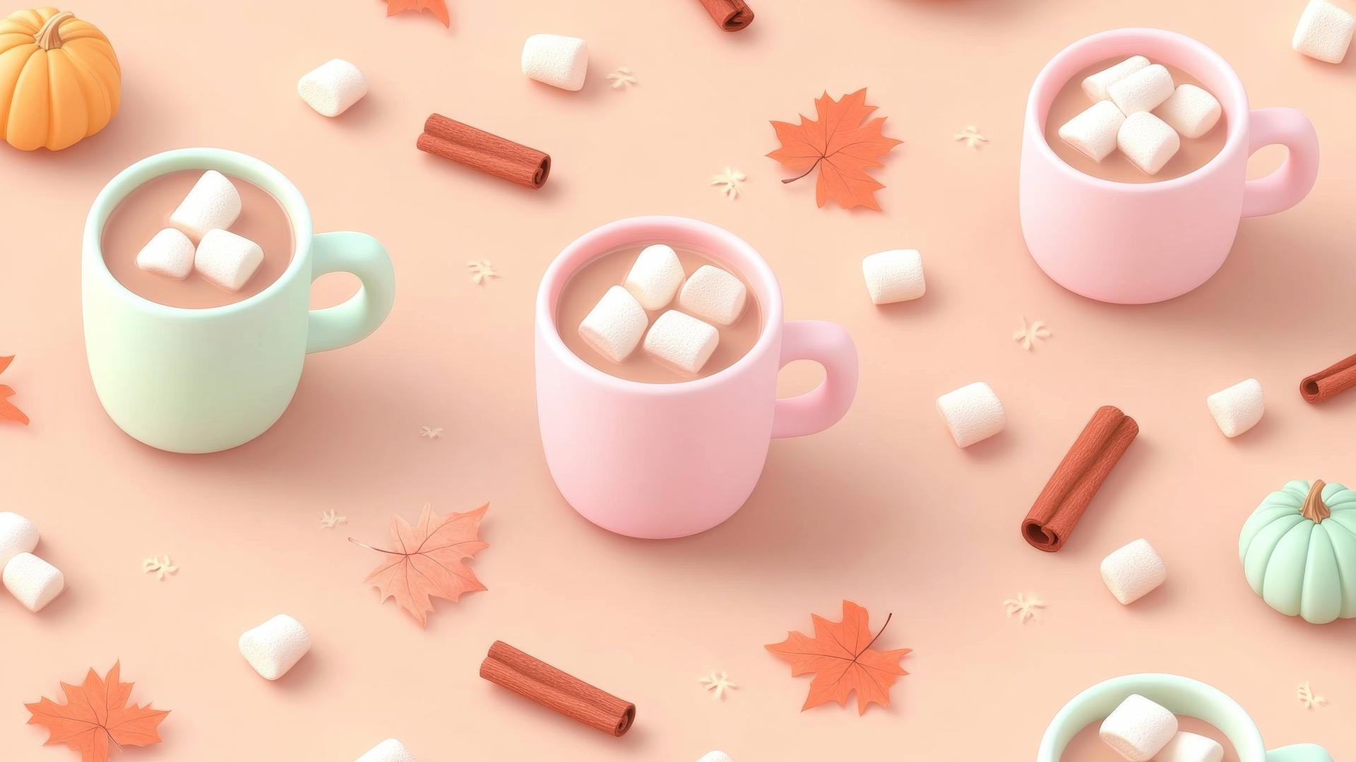 Pastel cocoa mugs with marshmallows and cinnamon on a fall background