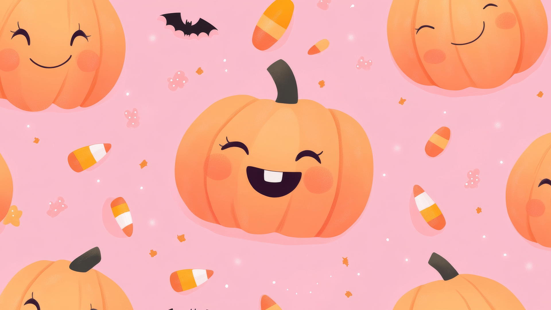 Cute cartoon pumpkins with candies on pink background