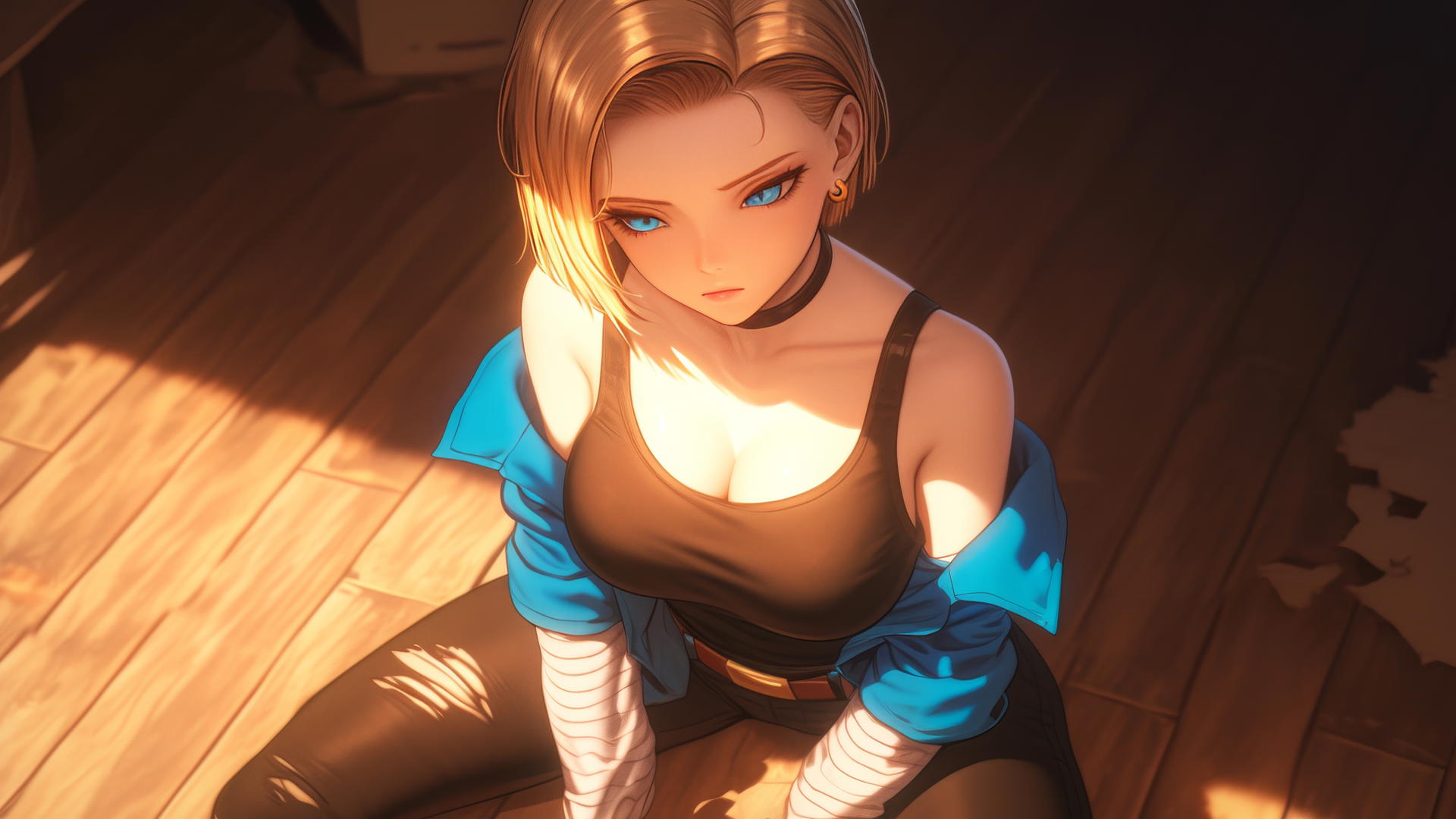 Android 18 kneeling in modern hotel with broken shirt