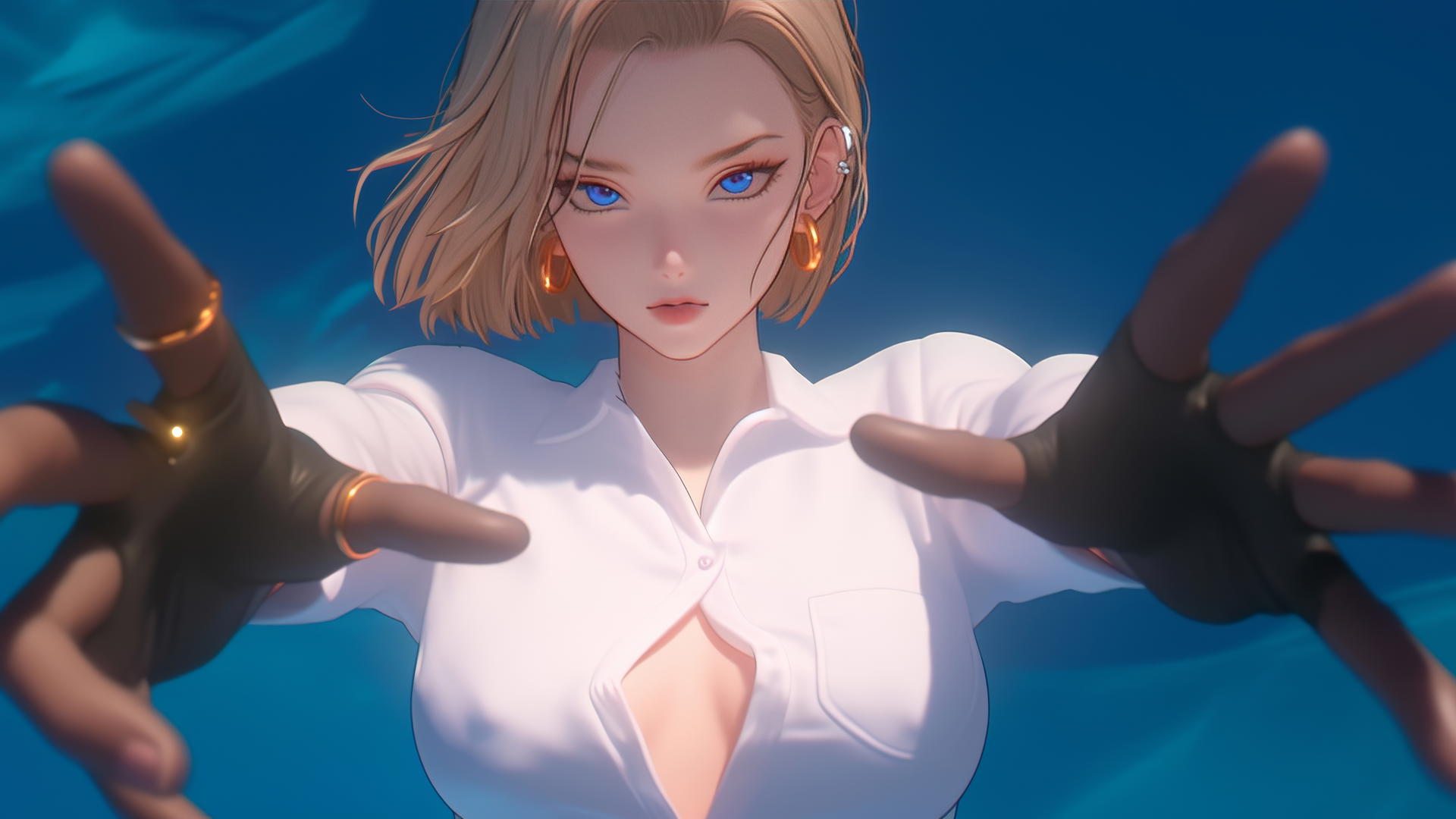 Android 18 kneeling in white shirt at a modern hotel