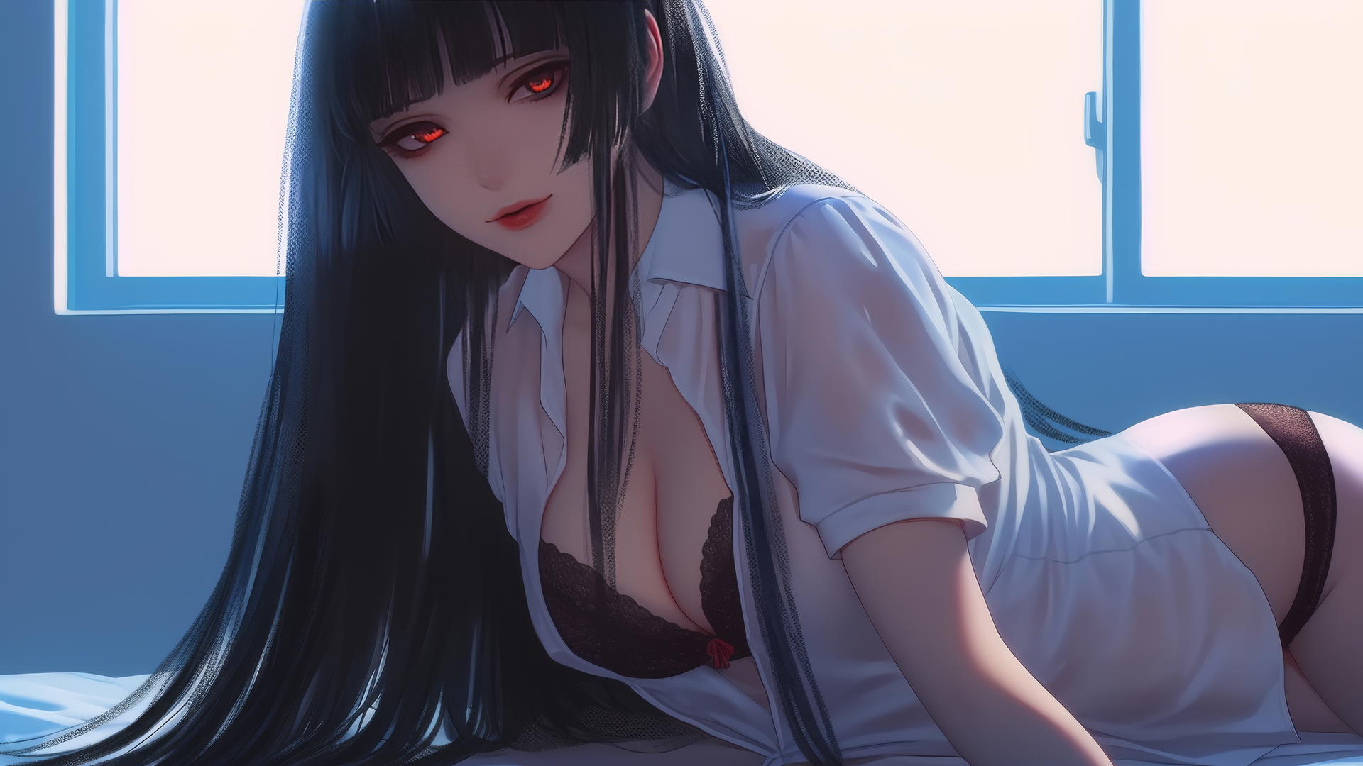 Yumeko Jabami kneeling in a hotel room