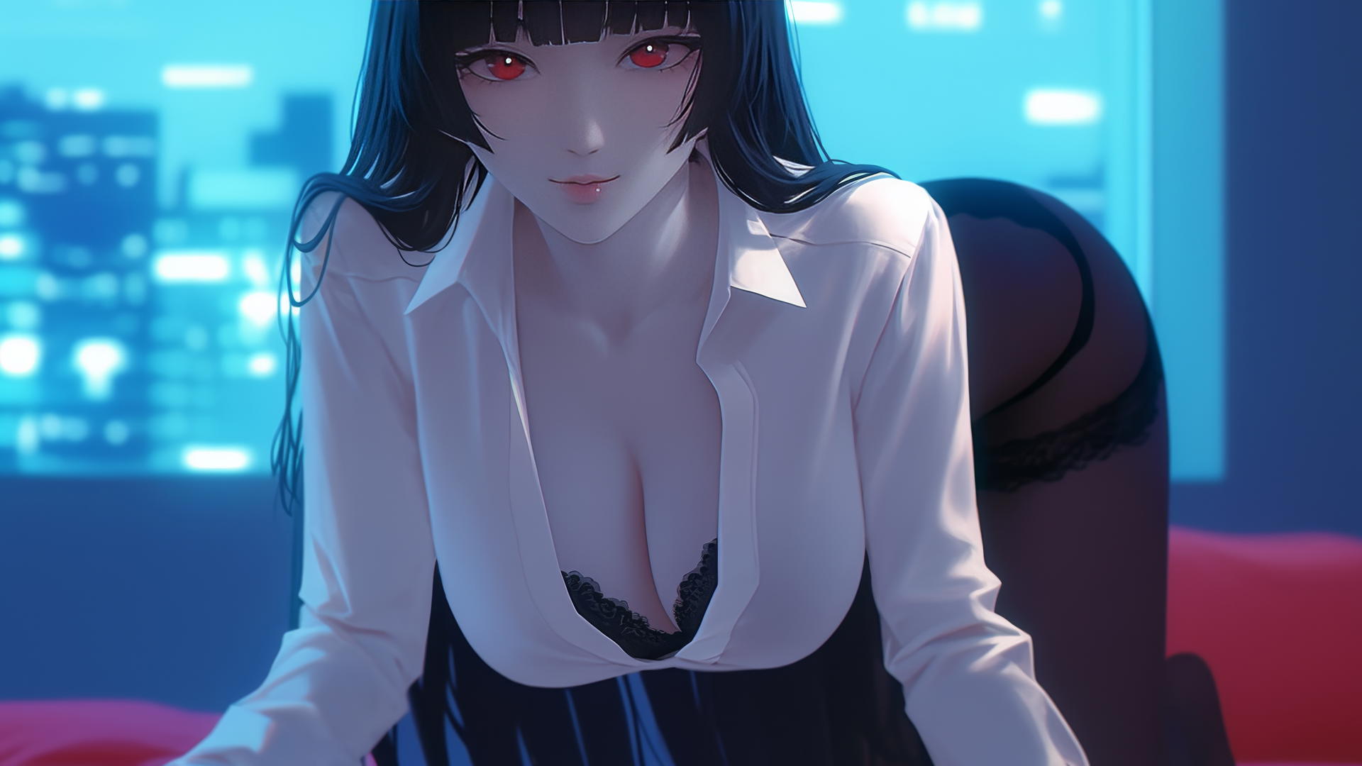 Yumeko Jabami kneeling in hotel room with white shirt and red eyes