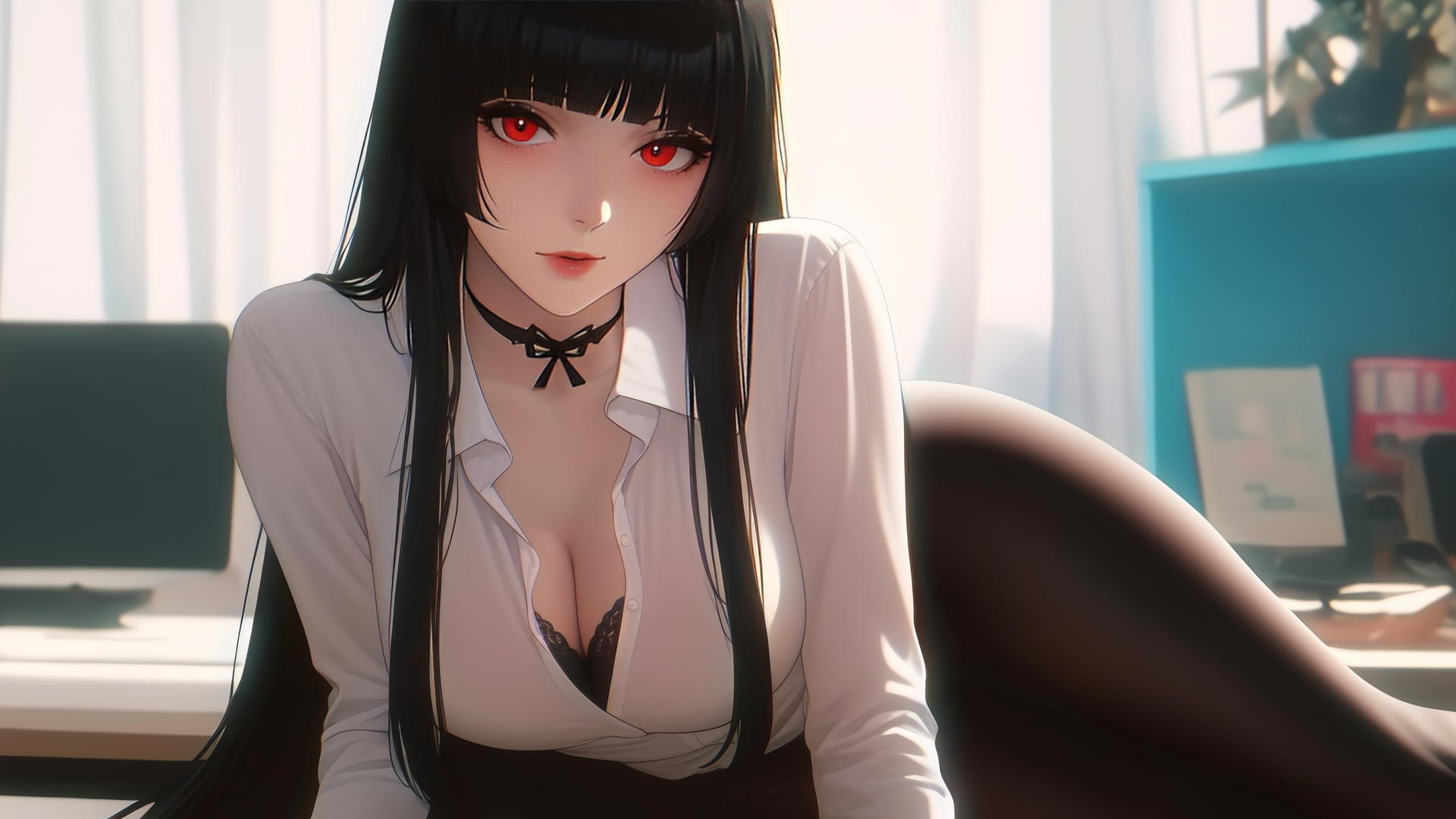 Yumeko Jabami kneeling in hotel room, white shirt, hime-cut hair, red eyes