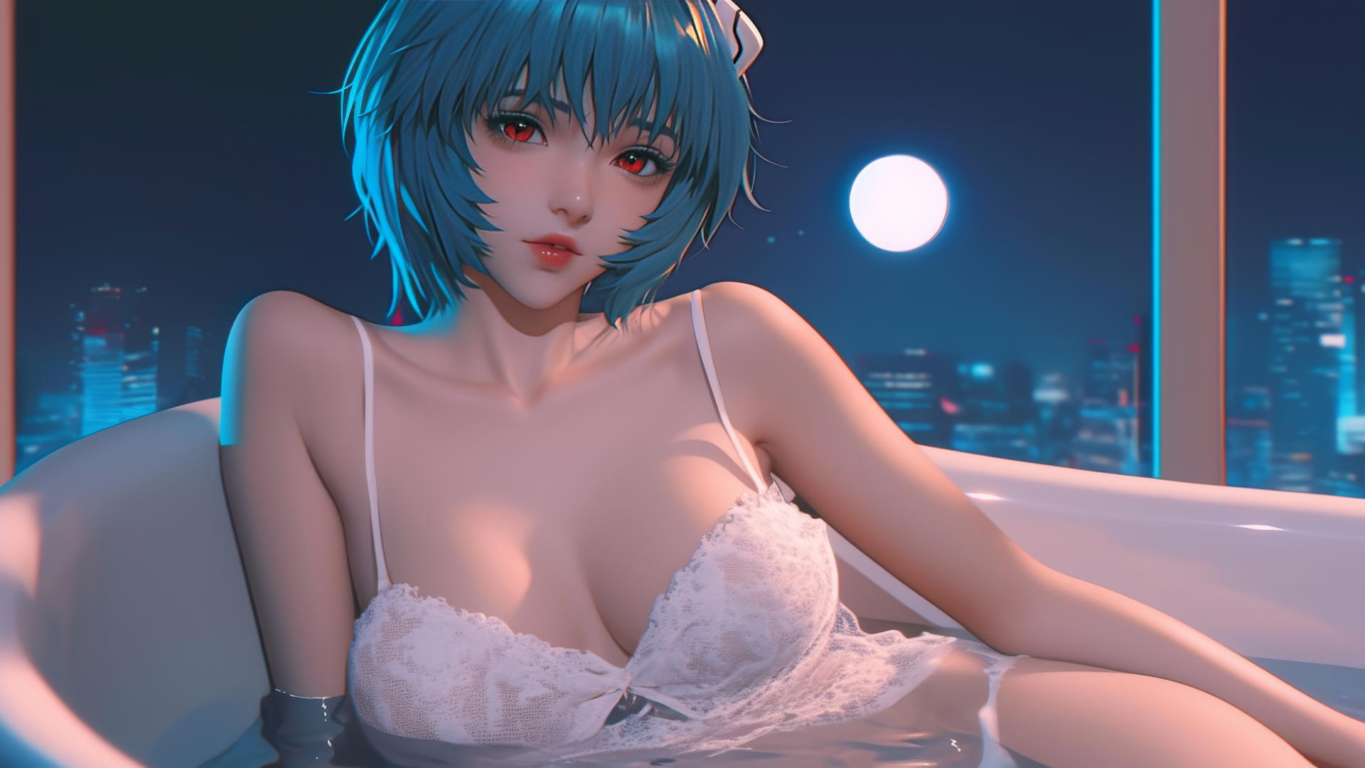 Rei Ayanami resting in a tub under moonlight