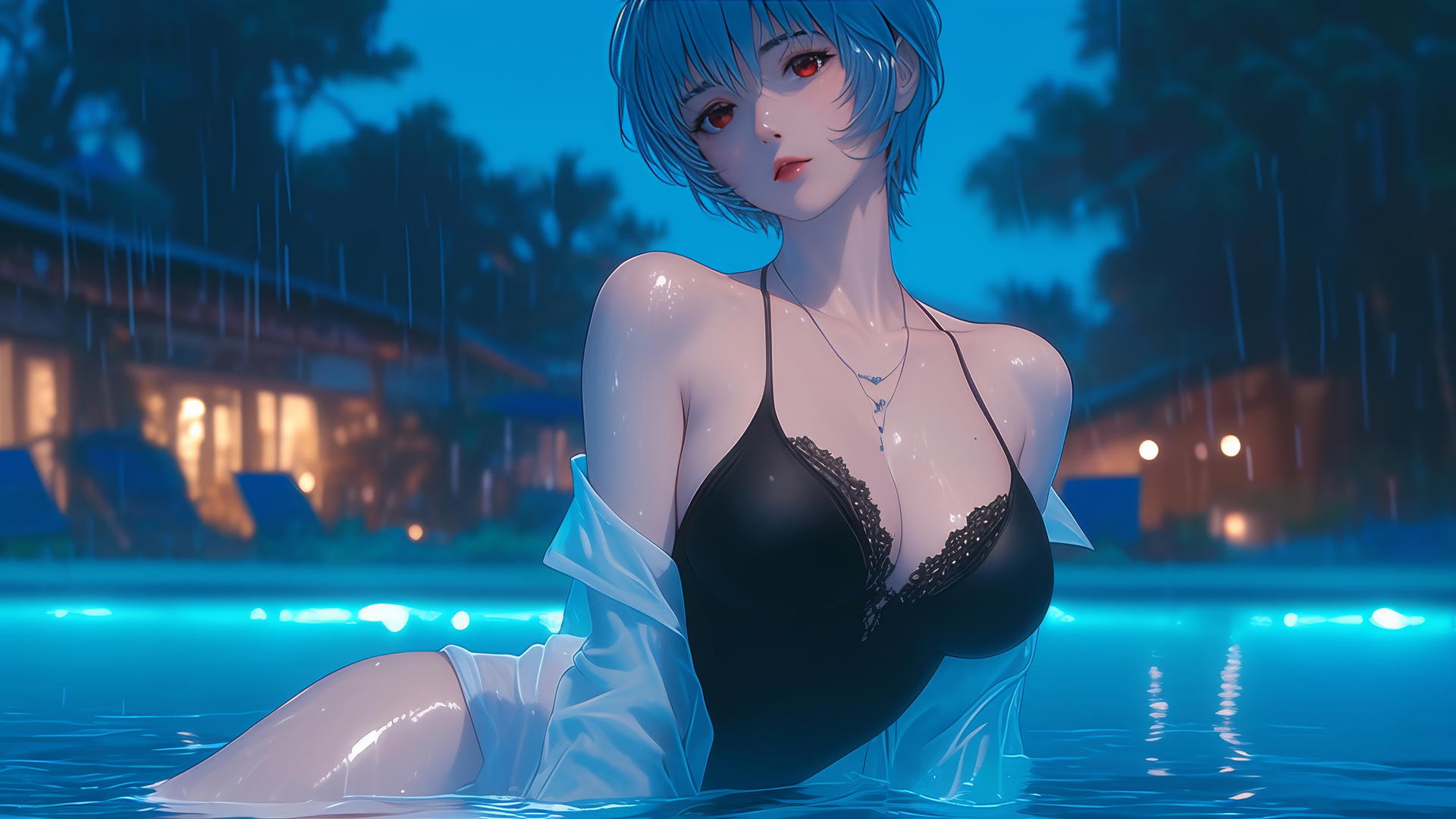 Rei Ayanami resting by rainy pool under moonlight.