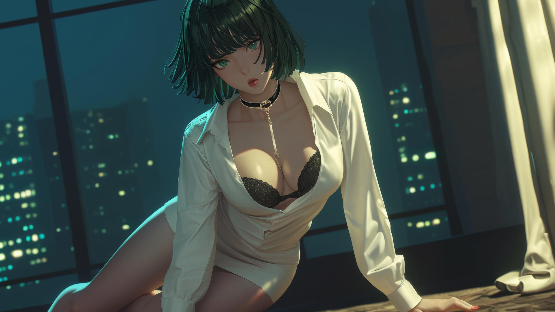 Fubuki kneeling in a modern hotel, wearing a white shirt, short green hair