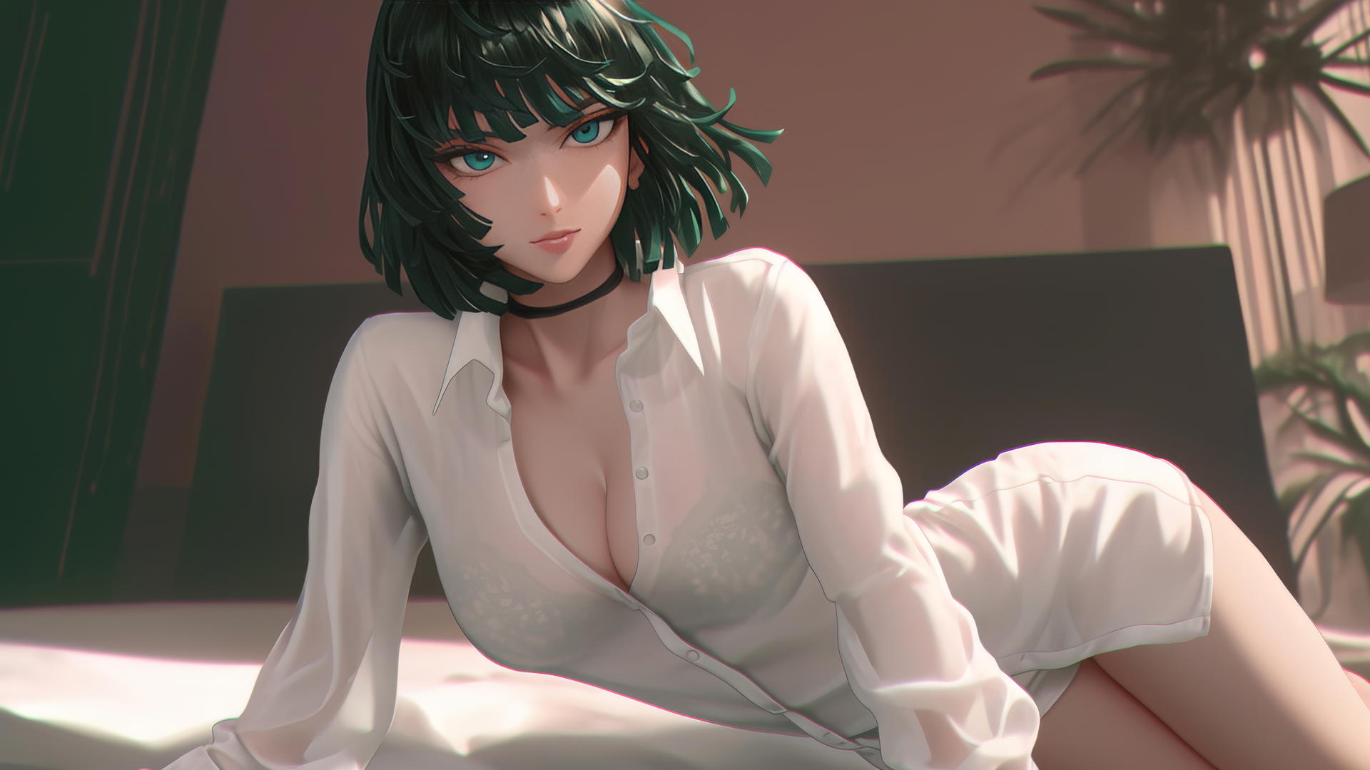 Fubuki kneeling in a modern hotel in a white shirt