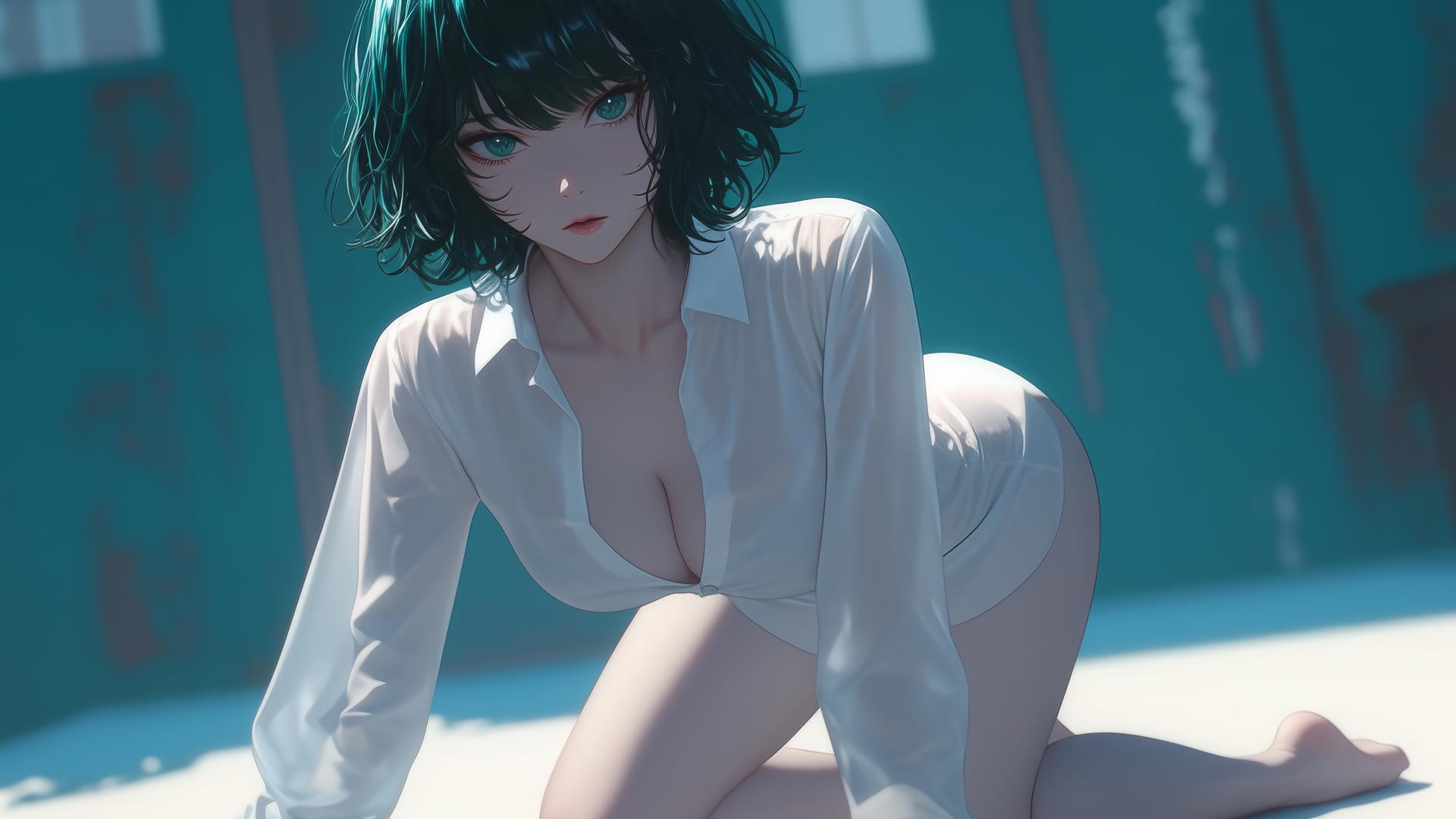 Fubuki kneeling in a hotel, wearing a white shirt