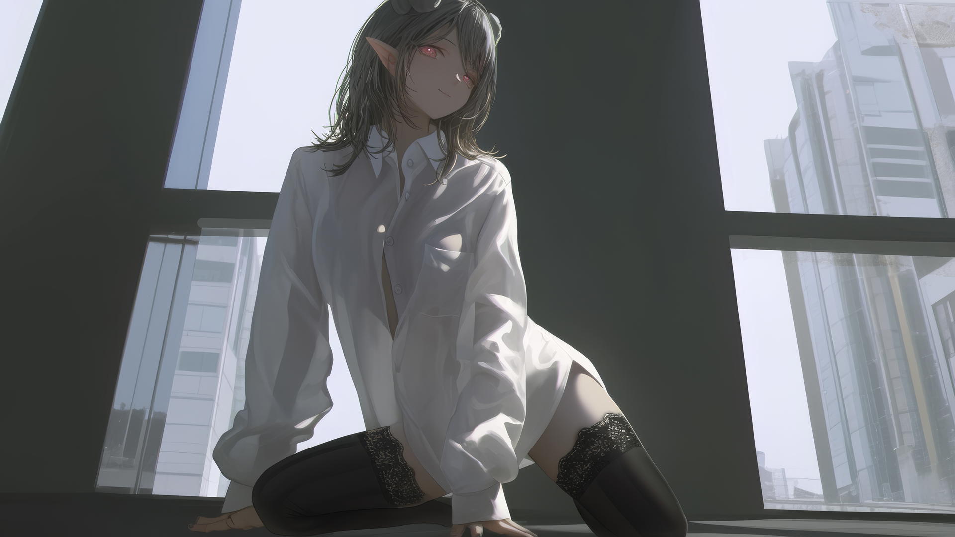 Beautiful demon girl kneeling in a modern hotel
