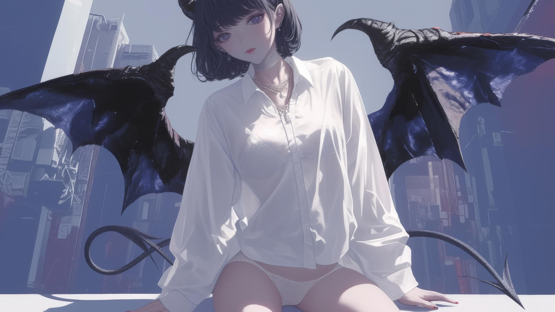 Demon girl kneeling in a modern hotel, wearing a white office shirt.