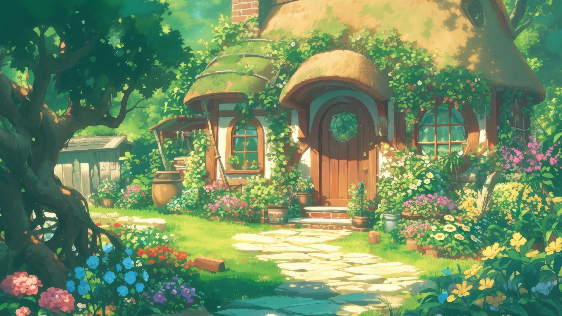 Ghibli-style cottage in blooming enchanted garden.