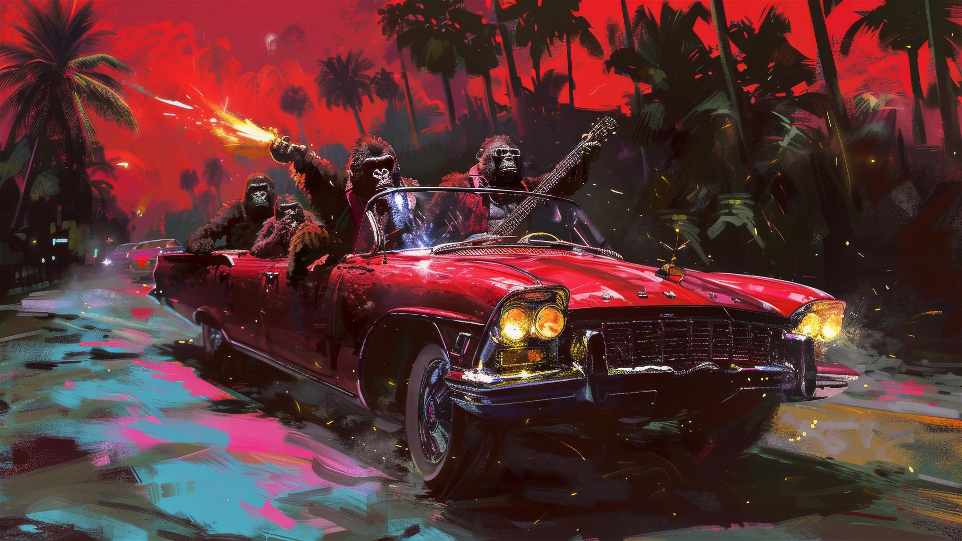 Gorilla rock band in a vintage convertible, big hand grabbing, 90s pulp cover style.