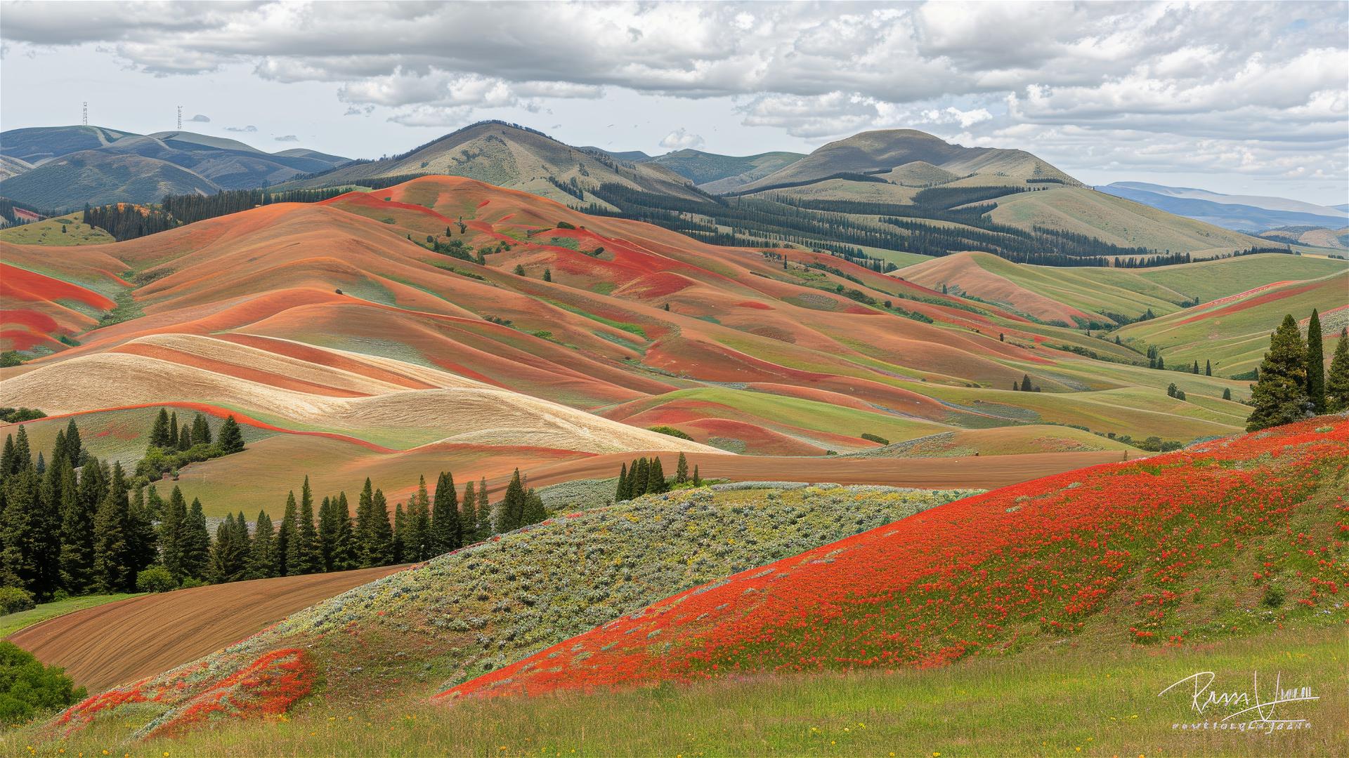 Colored sparkling sand, meridian, cattle, and pylons in an image.