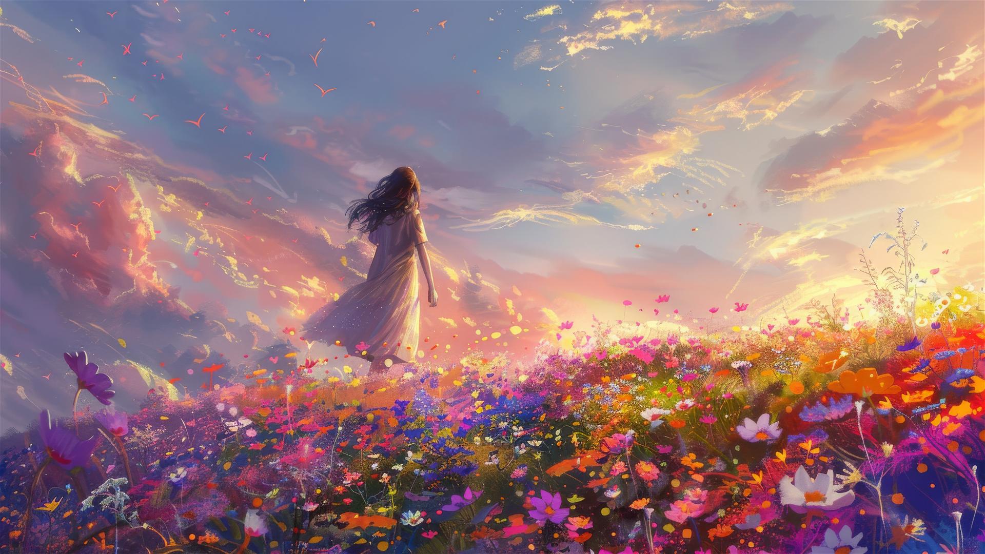 Girl walking among flowers under a pink-blue sky, Van Gogh style
