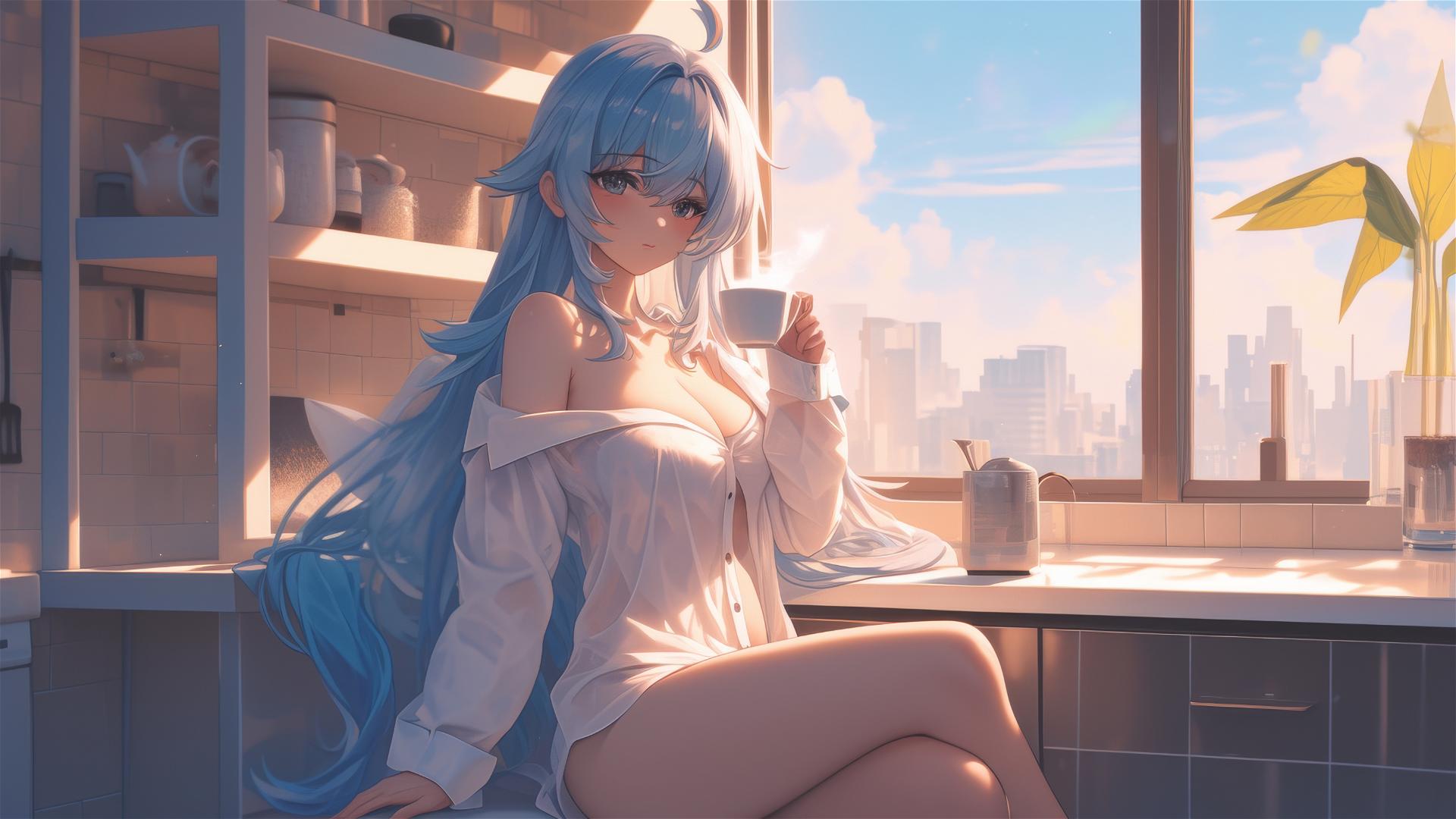 Esdeath in white silk pajamas with coffee at sunrise.