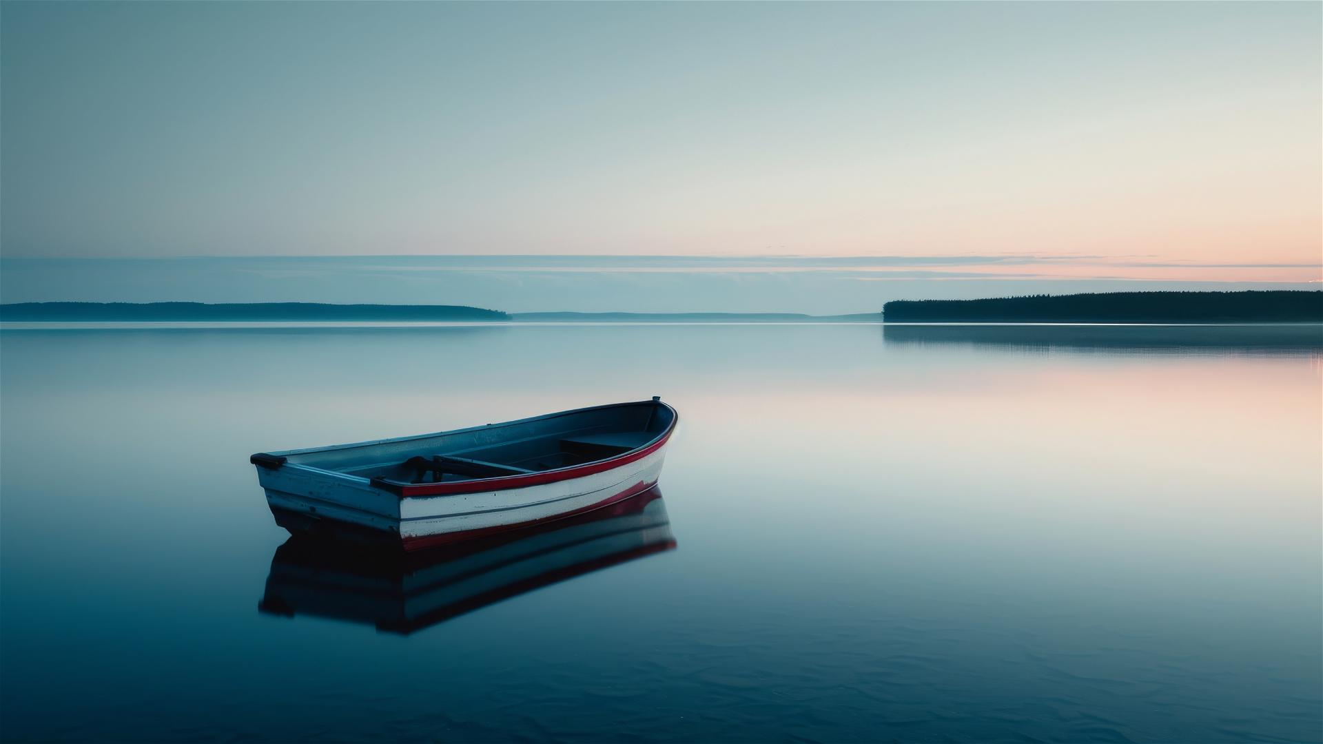 Small boat on calm lake in early morning, clear sky, serene atmosphere