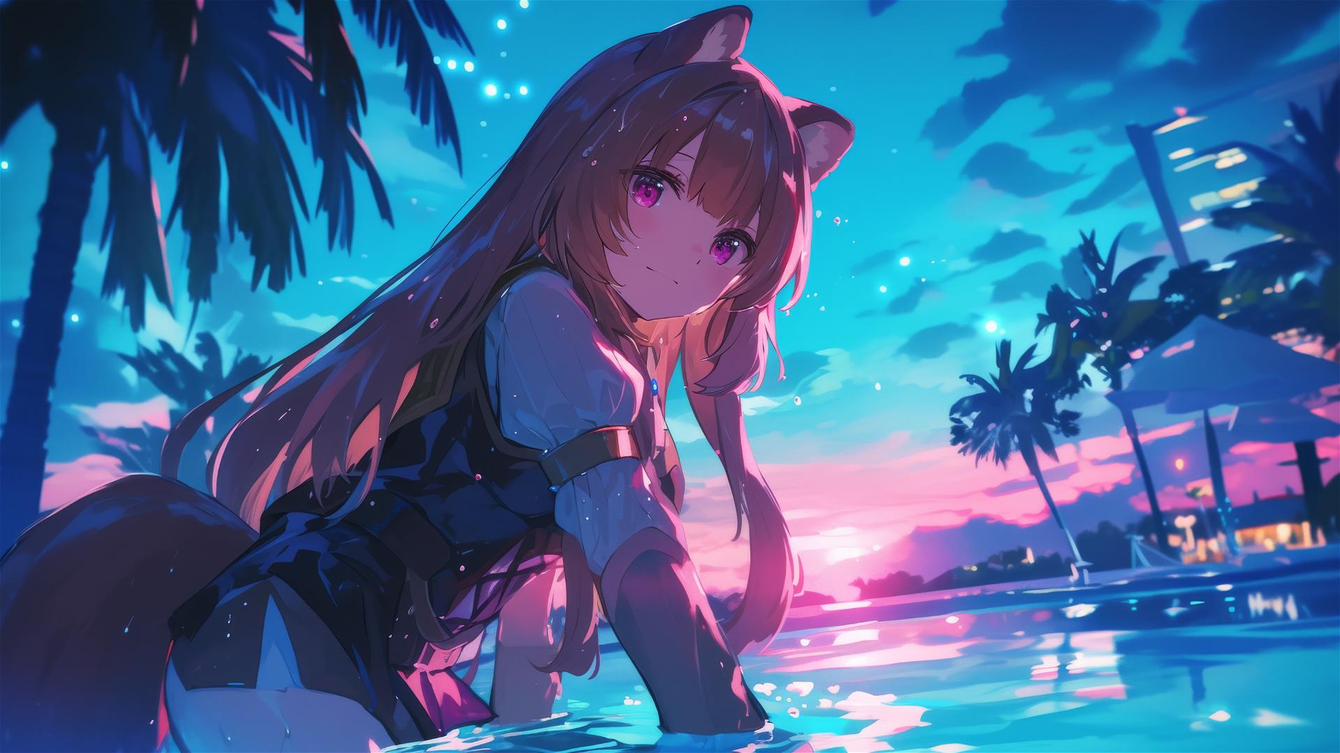 Raphtalia from The Rising of the Shield Hero standing in a pool under moonlight