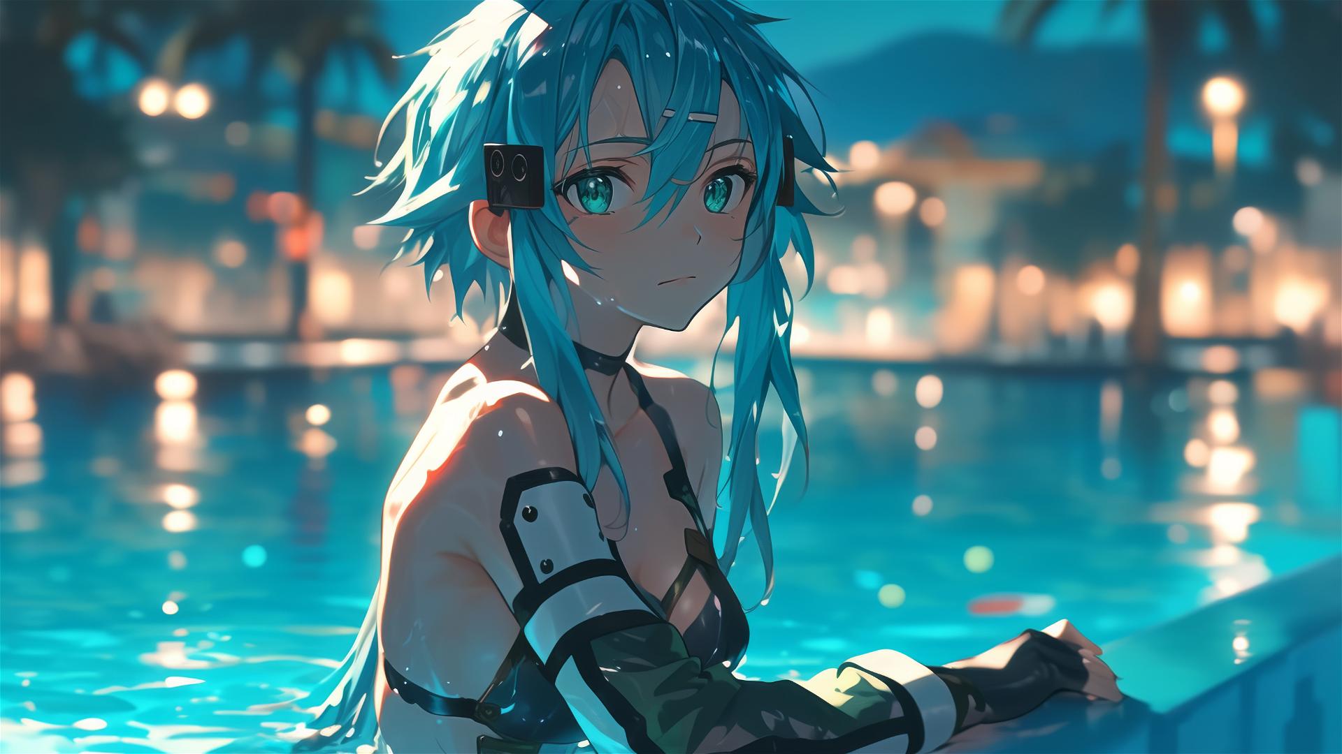 Sinon from Sword Art Online in a pool under moonlight, green eyes