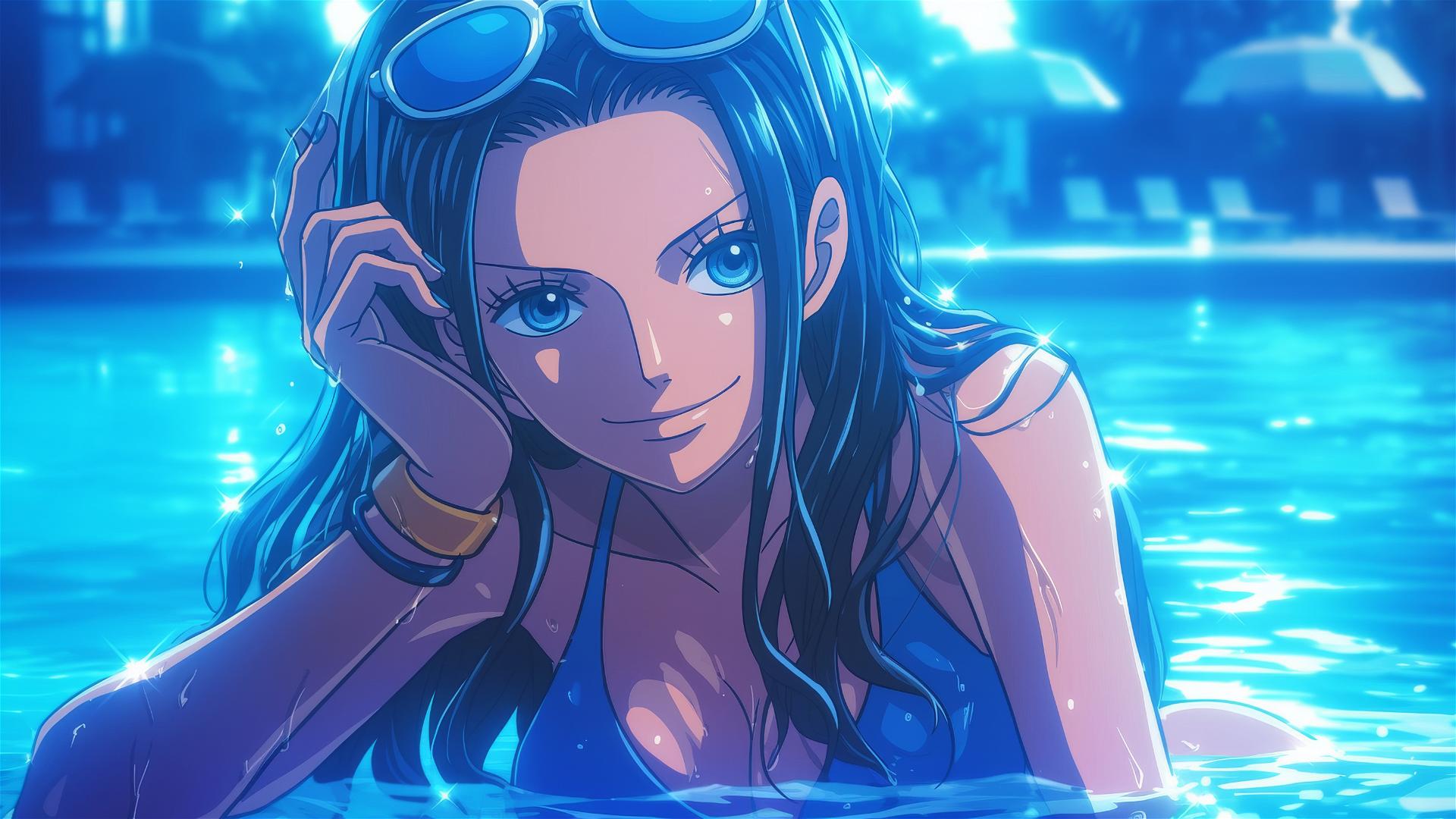 Nico Robin swimming in pool under moonlight