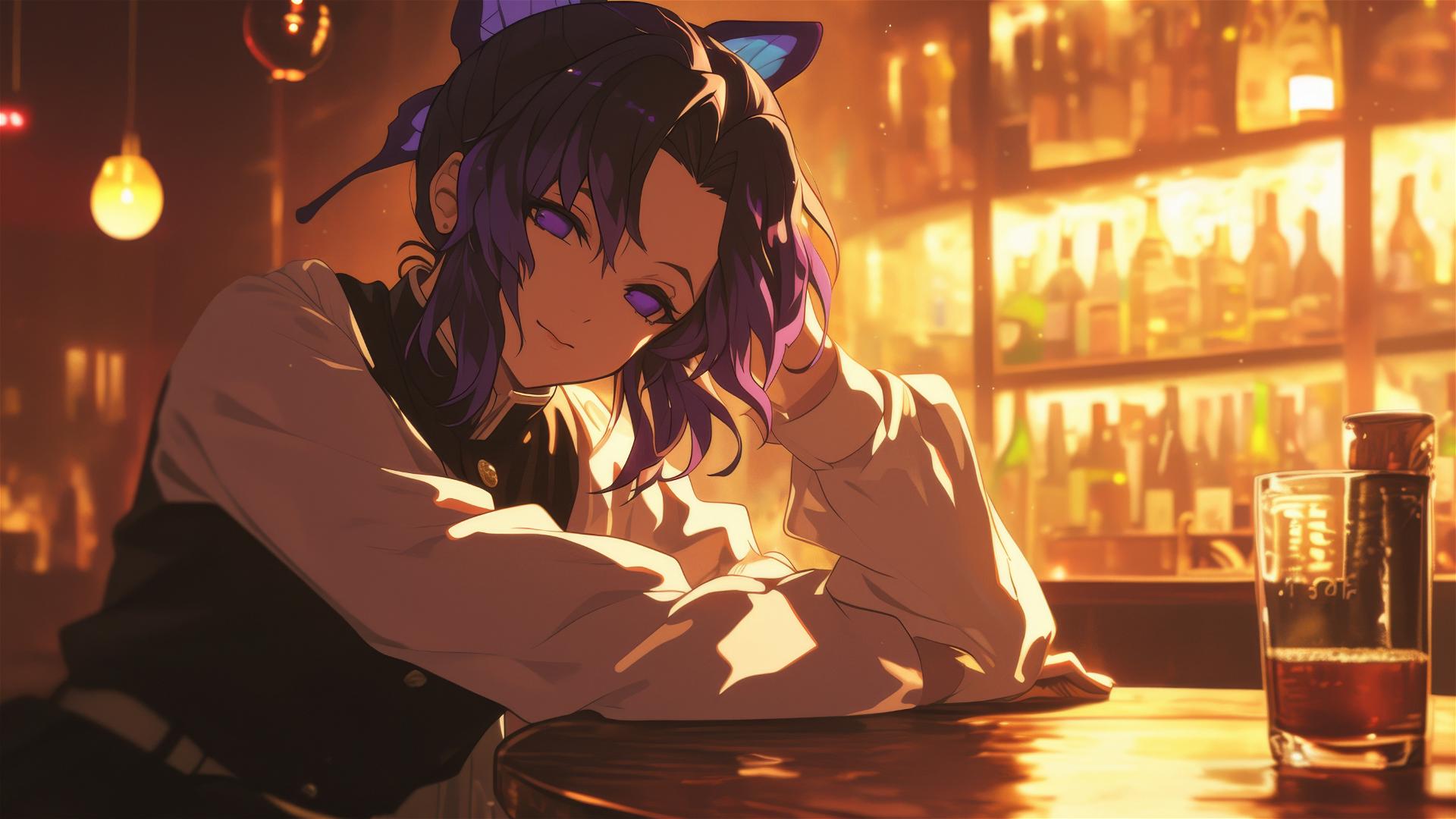 Shinobu Kocho from Demon Slayer lounging at a bar with early morning light creating a soft glow