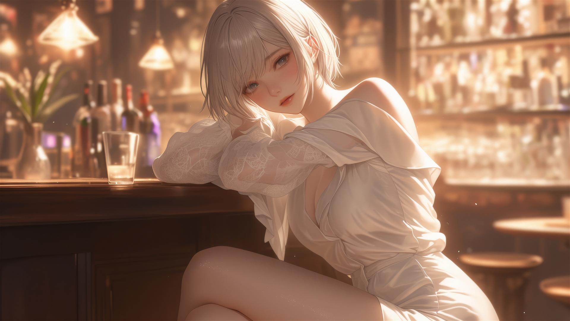 2B in white silk pajamas at a bar with soft morning glow