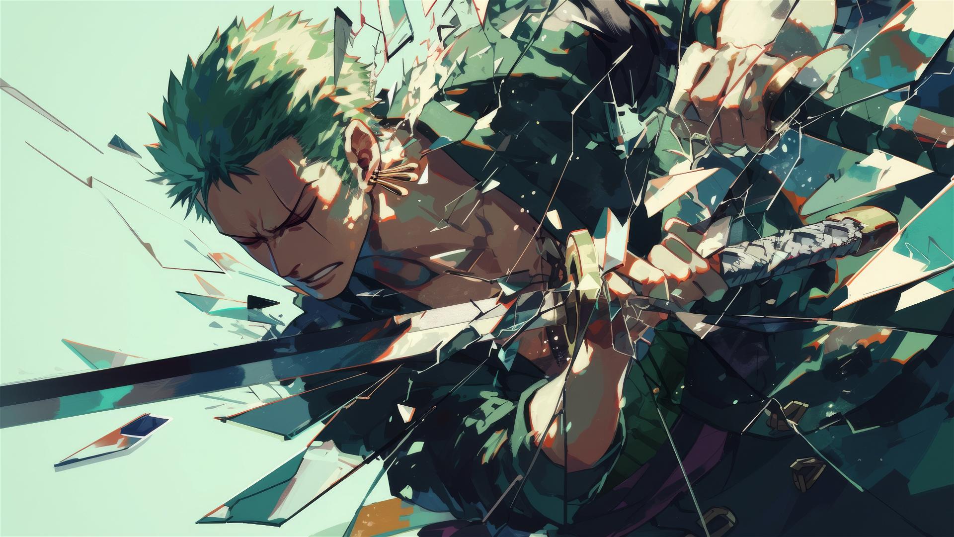 Roronoa Zoro slicing through shattered glass
