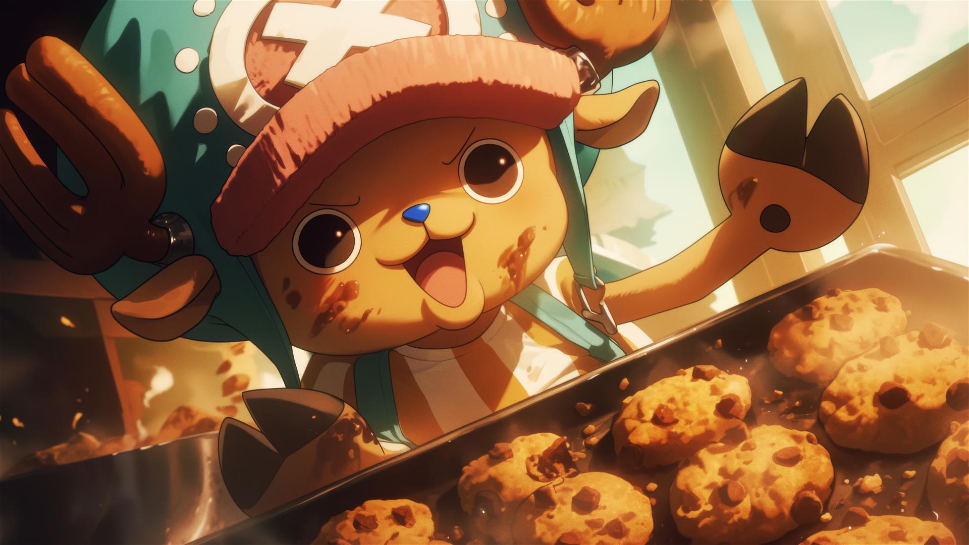Tony Tony Chopper in chef attire with fresh cookies