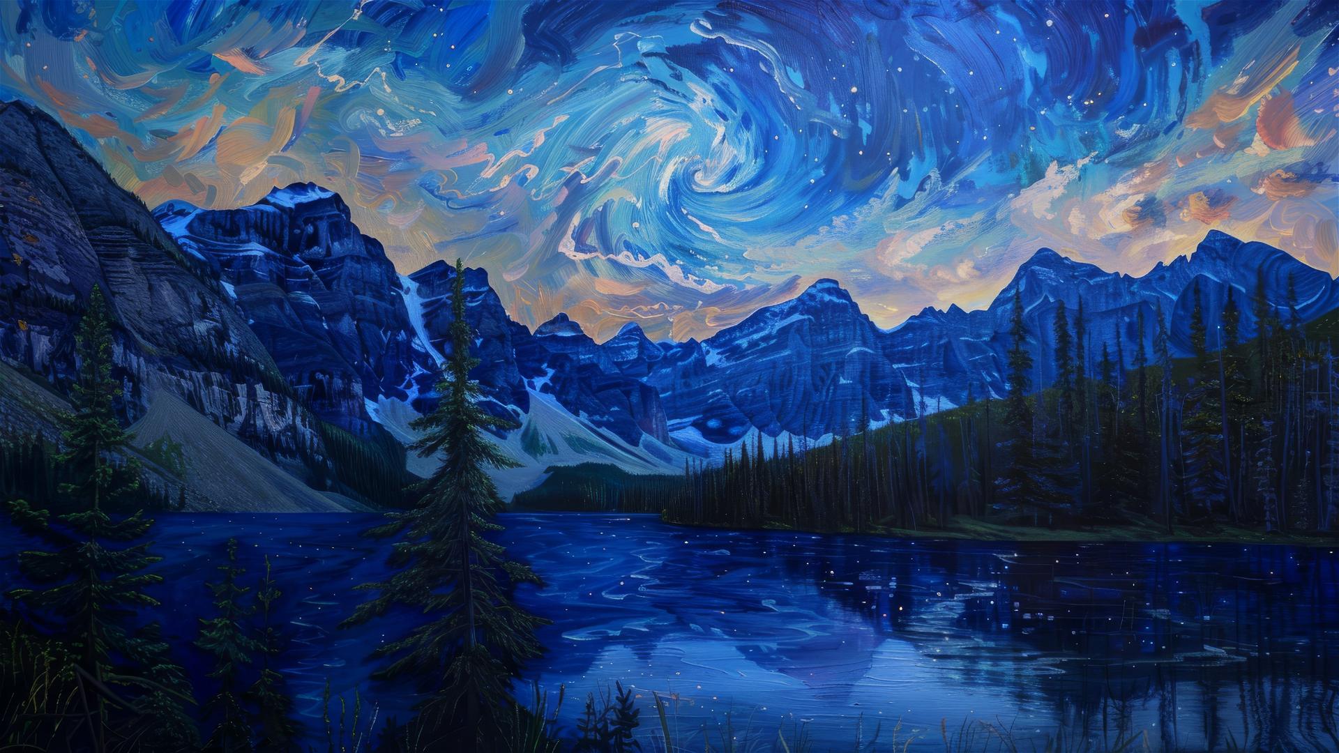 Banff National Park at dusk with van Gogh Starry Night sky