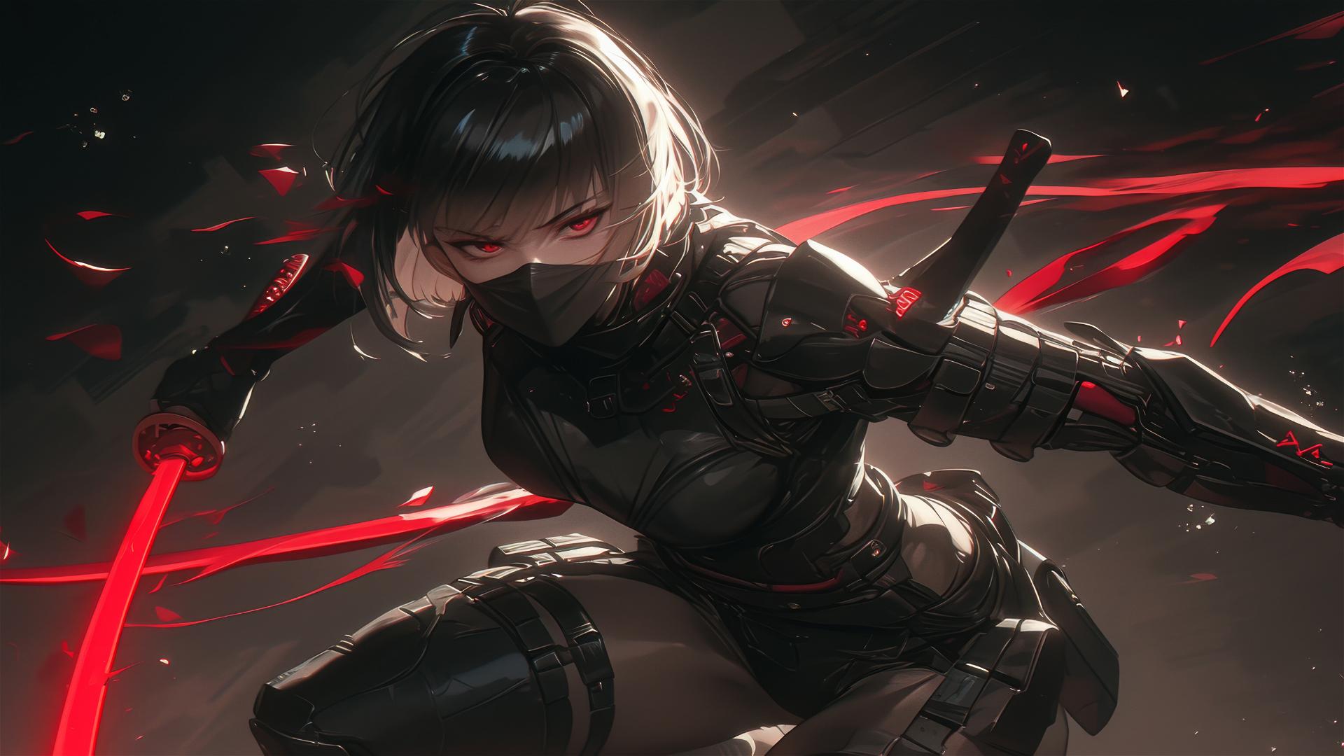 Ninja girl with short hair and a dark mask in dynamic pose with thigh focus under spotlight