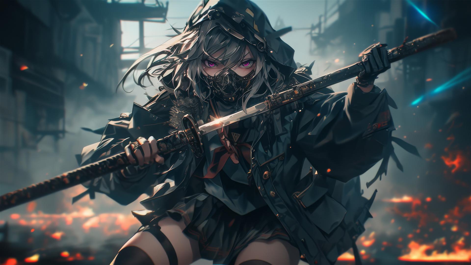 Tactical school girl with thigh focus in dynamic pose, dark mask and spotlight