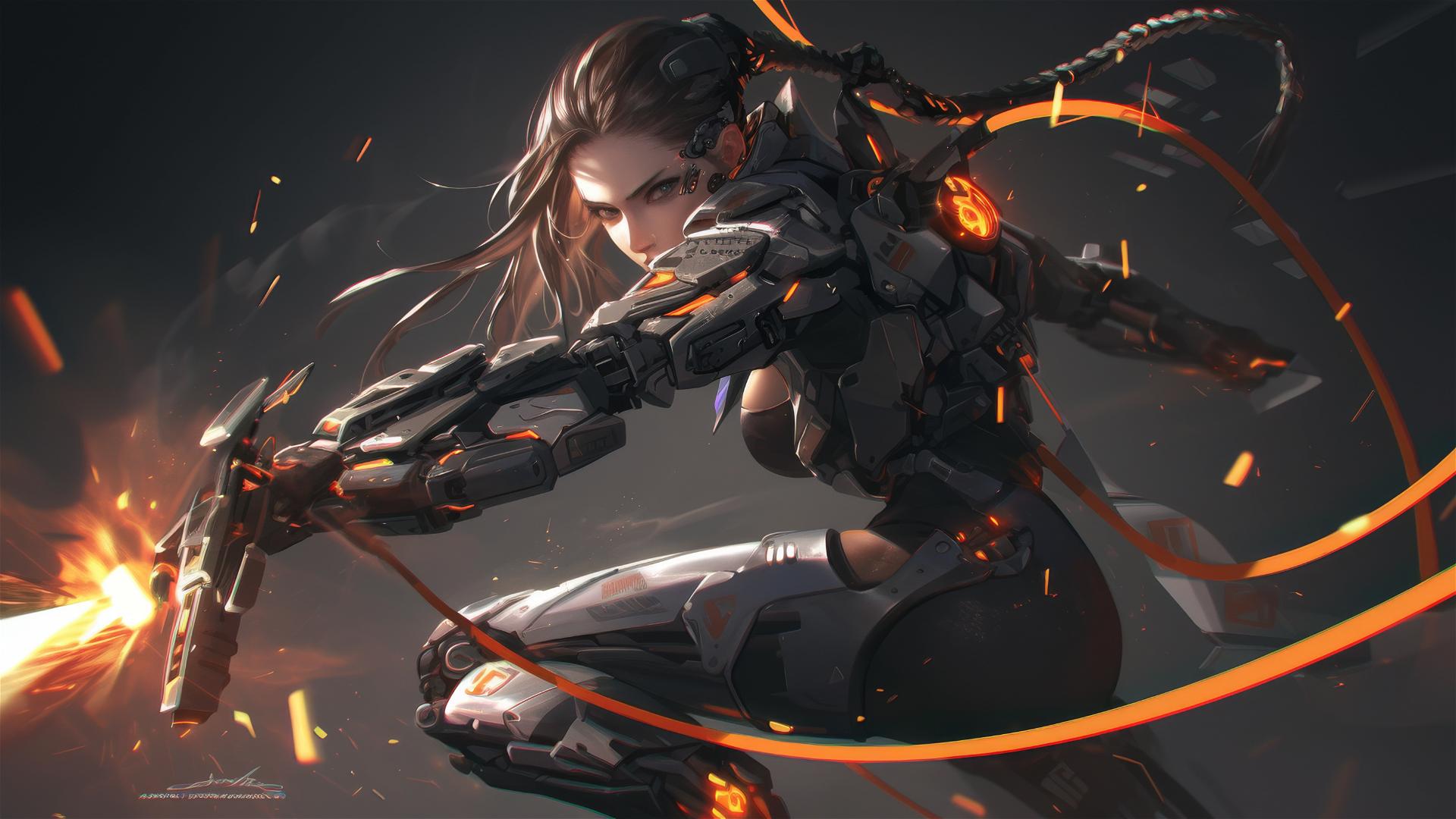 Cybernetic Agent Girl in dynamic pose with thigh focus on dark background with spotlight effect