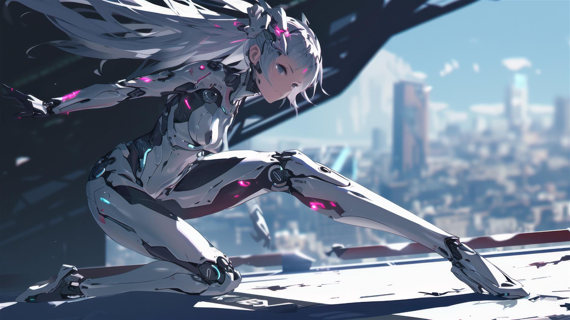 Cybernetic Agent Girl in dynamic pose with spotlight on thighs