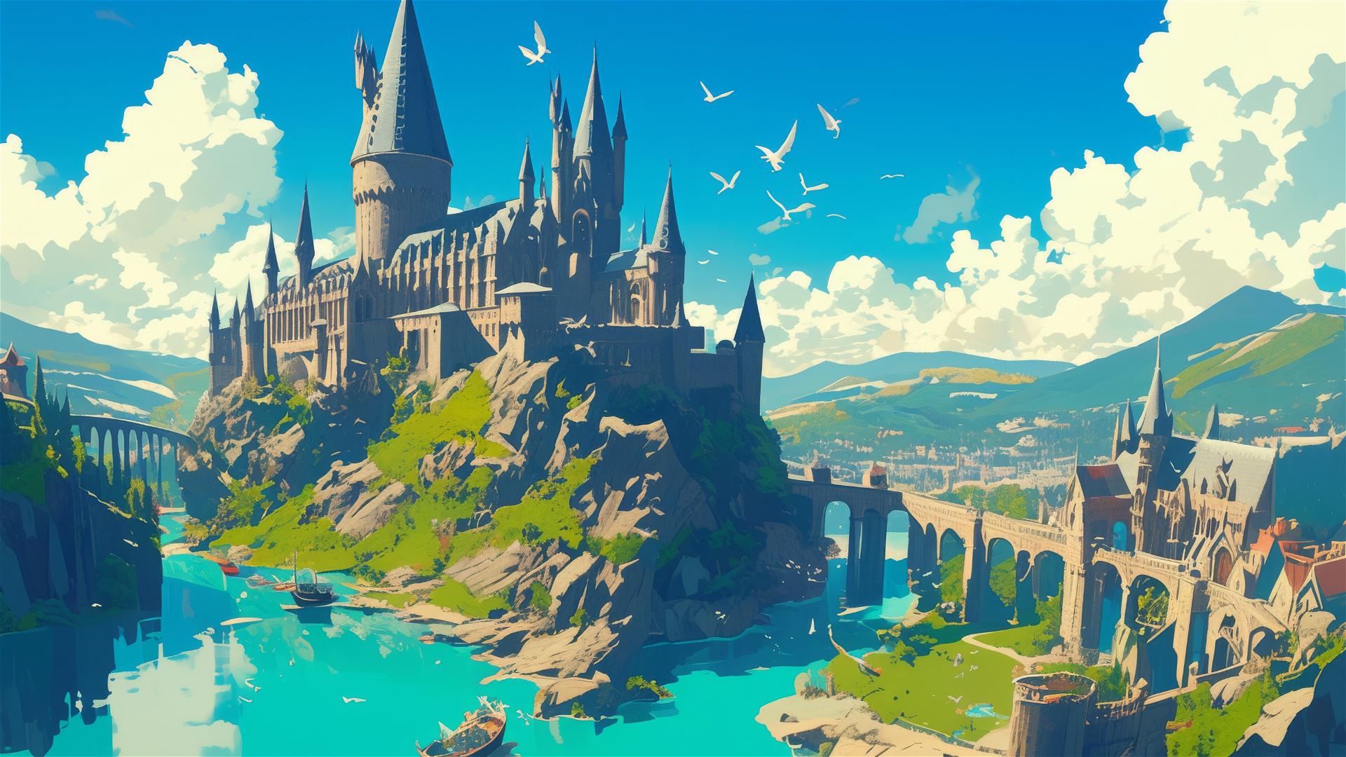 Ghibli-styled aerial illustration of Hogwarts