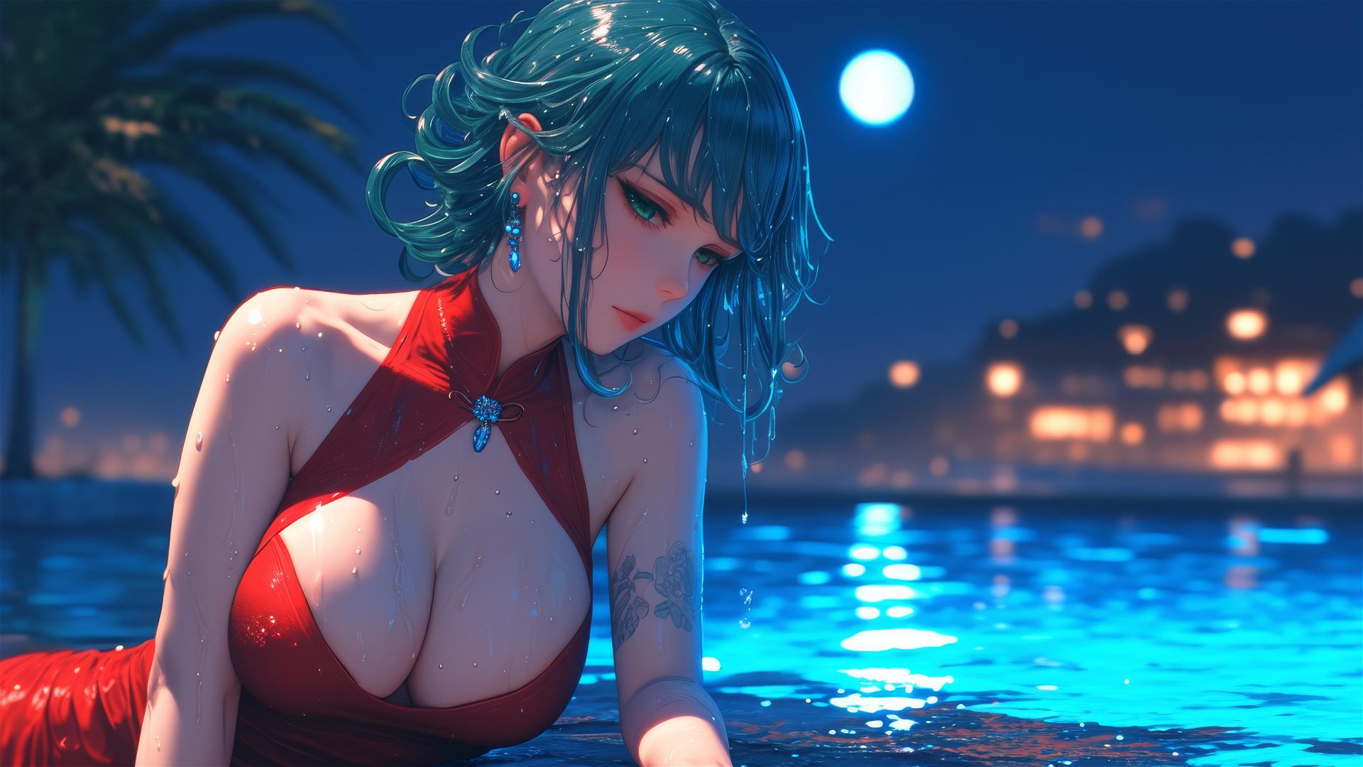 Tatsumaki from One-Punch Man resting by pool under moonlight in rainy weather, wearing red dress