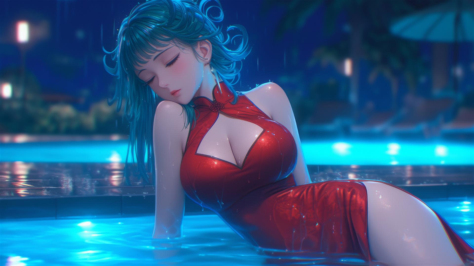 Tatsumaki from One-Punch Man resting by a pool under moonlight with rain, in a red dress