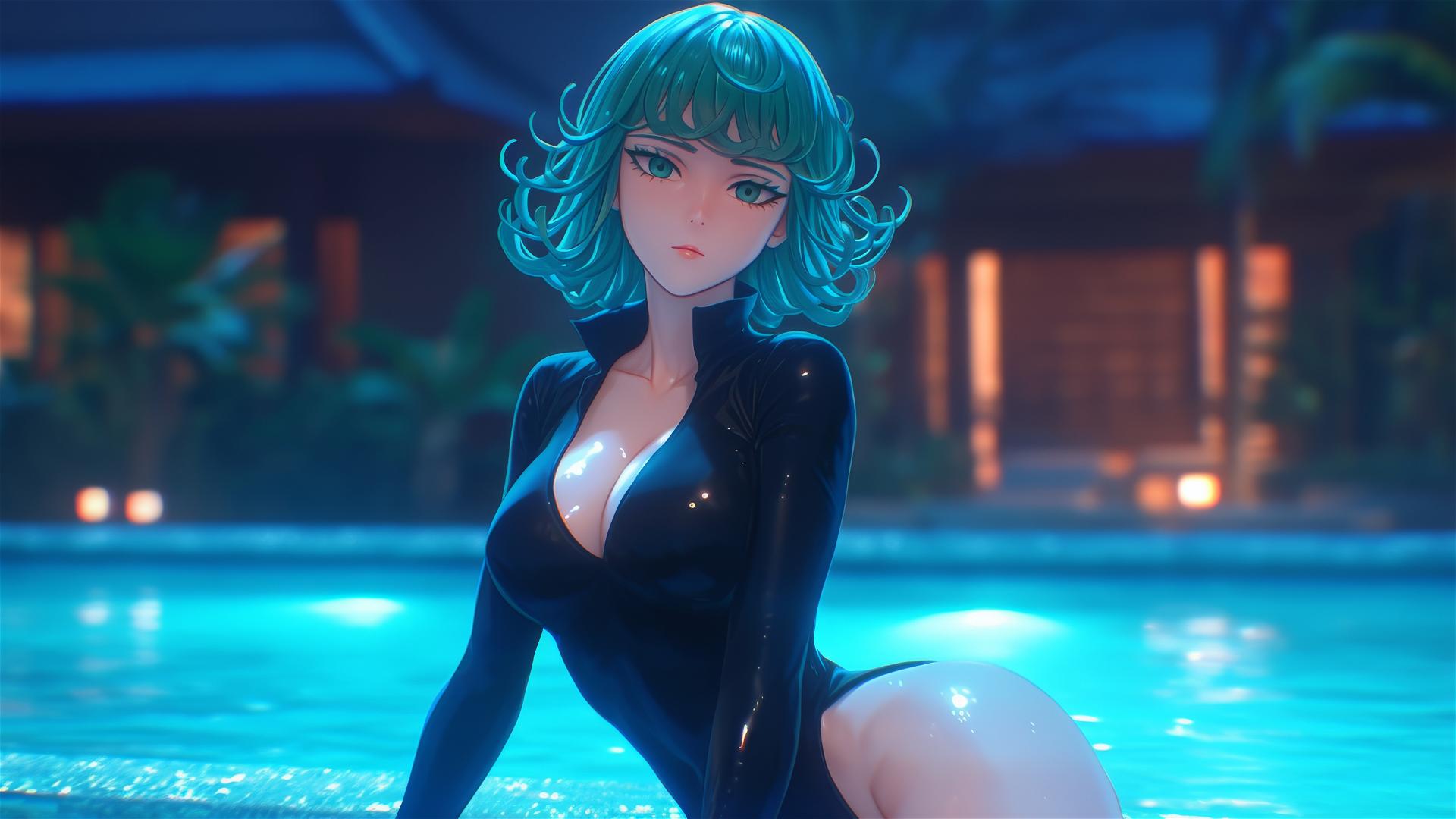Tatsumaki from One-Punch Man resting by pool with moonlight glow