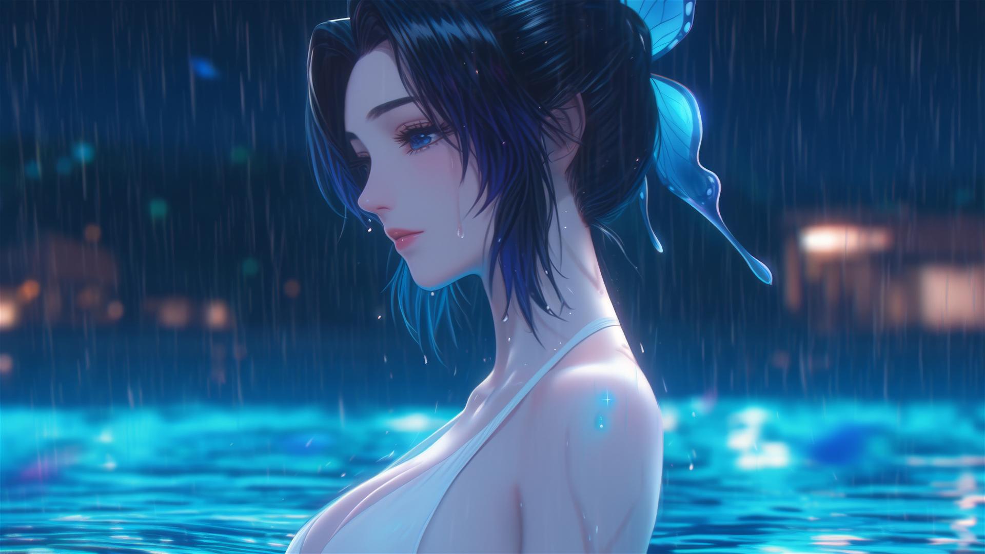 Shinobu Kocho in a rainy pool under moonlight