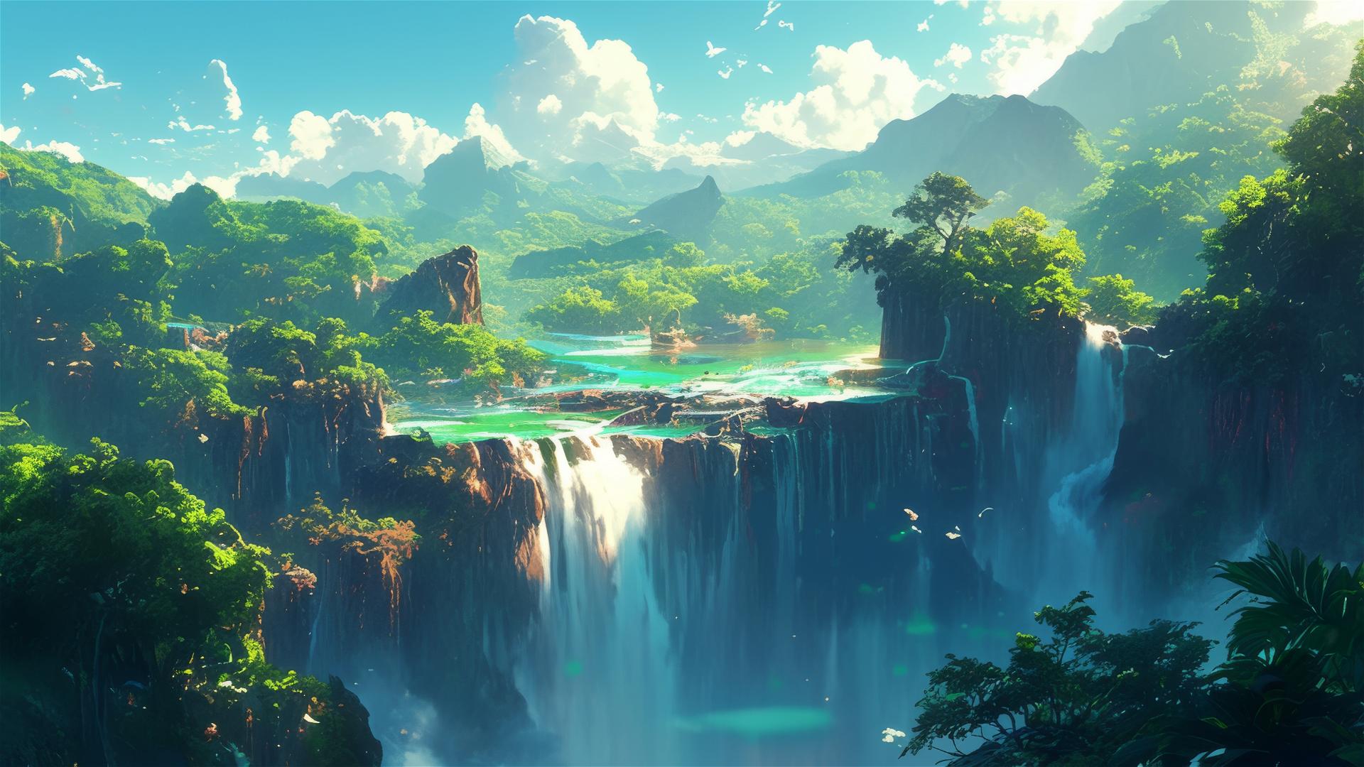 Waterfall in tropical jungle with lush greenery and mist