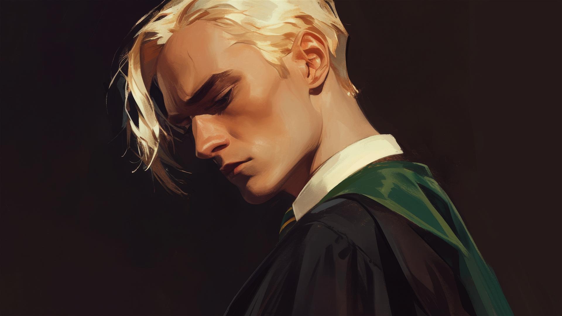 Artistic illustration of Draco Malfoy with golden hair in spotlight