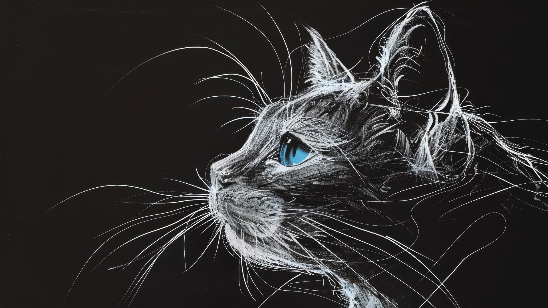 Elegant cat profile with white lines and sapphire-blue eyes on black