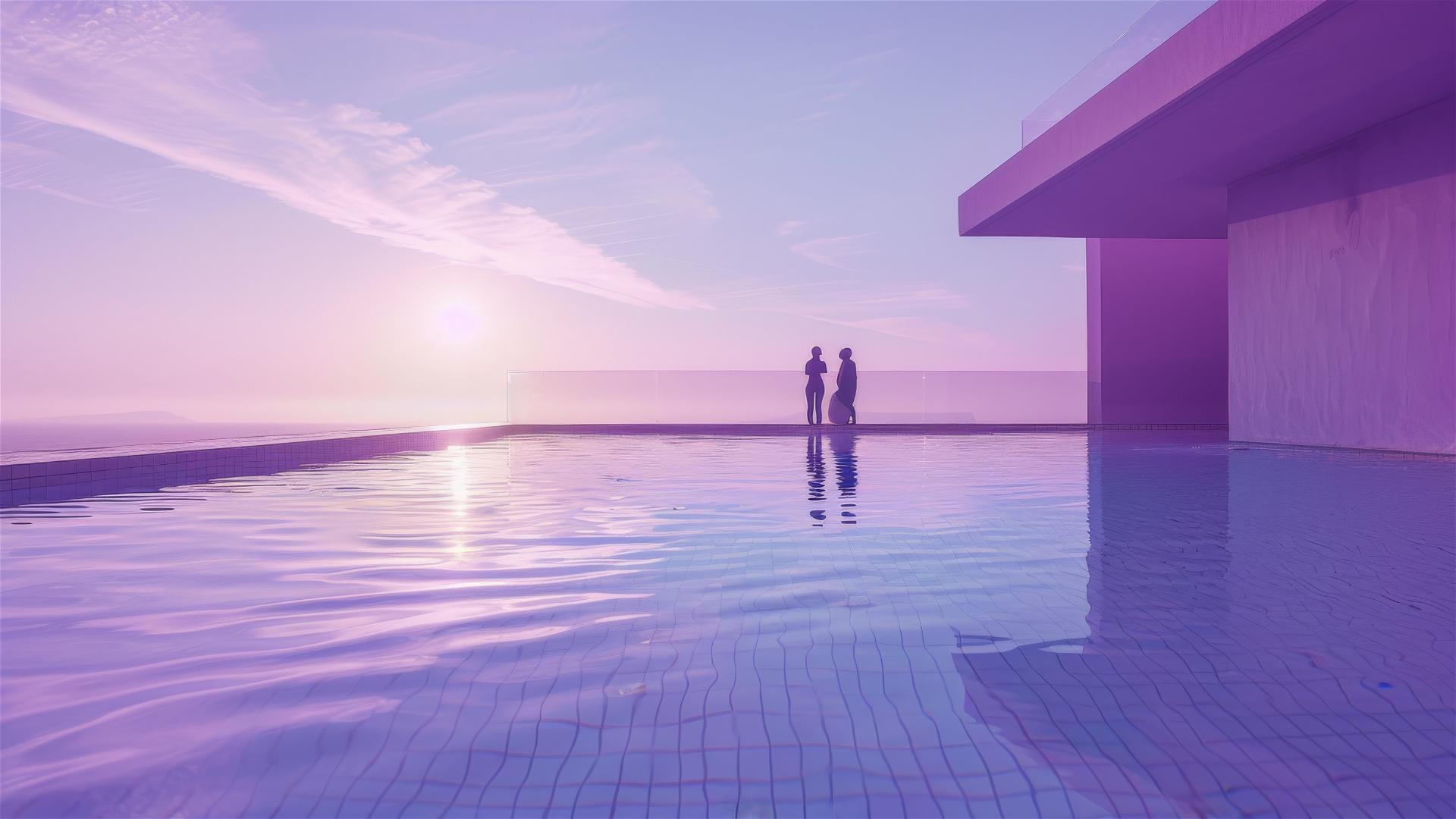 Light figures by purple muralla with minimalist pool in hyper-realistic 80s style