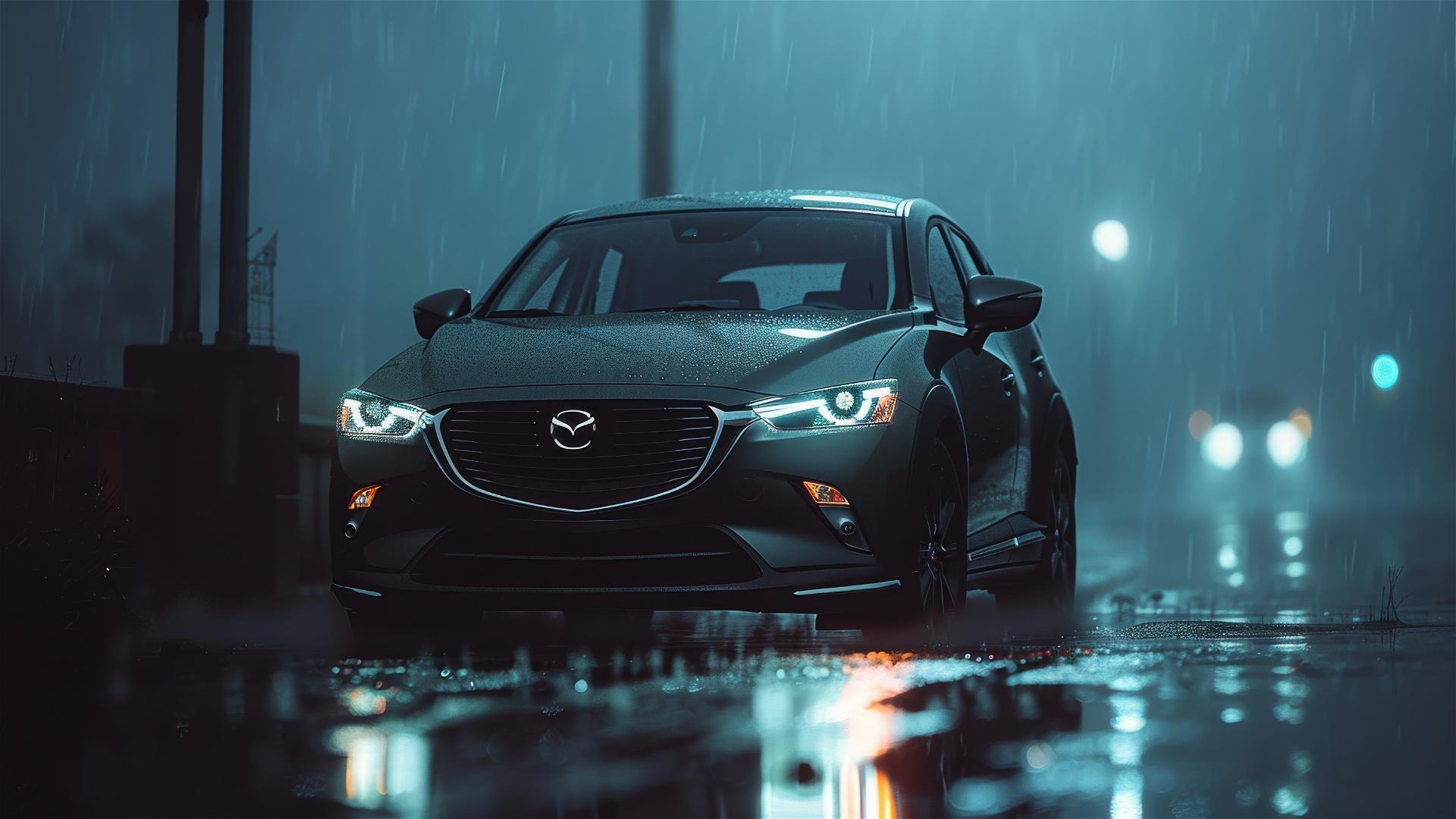 Photorealistic closeup of Mazda CX-3 in dim, foggy, Gothic setting