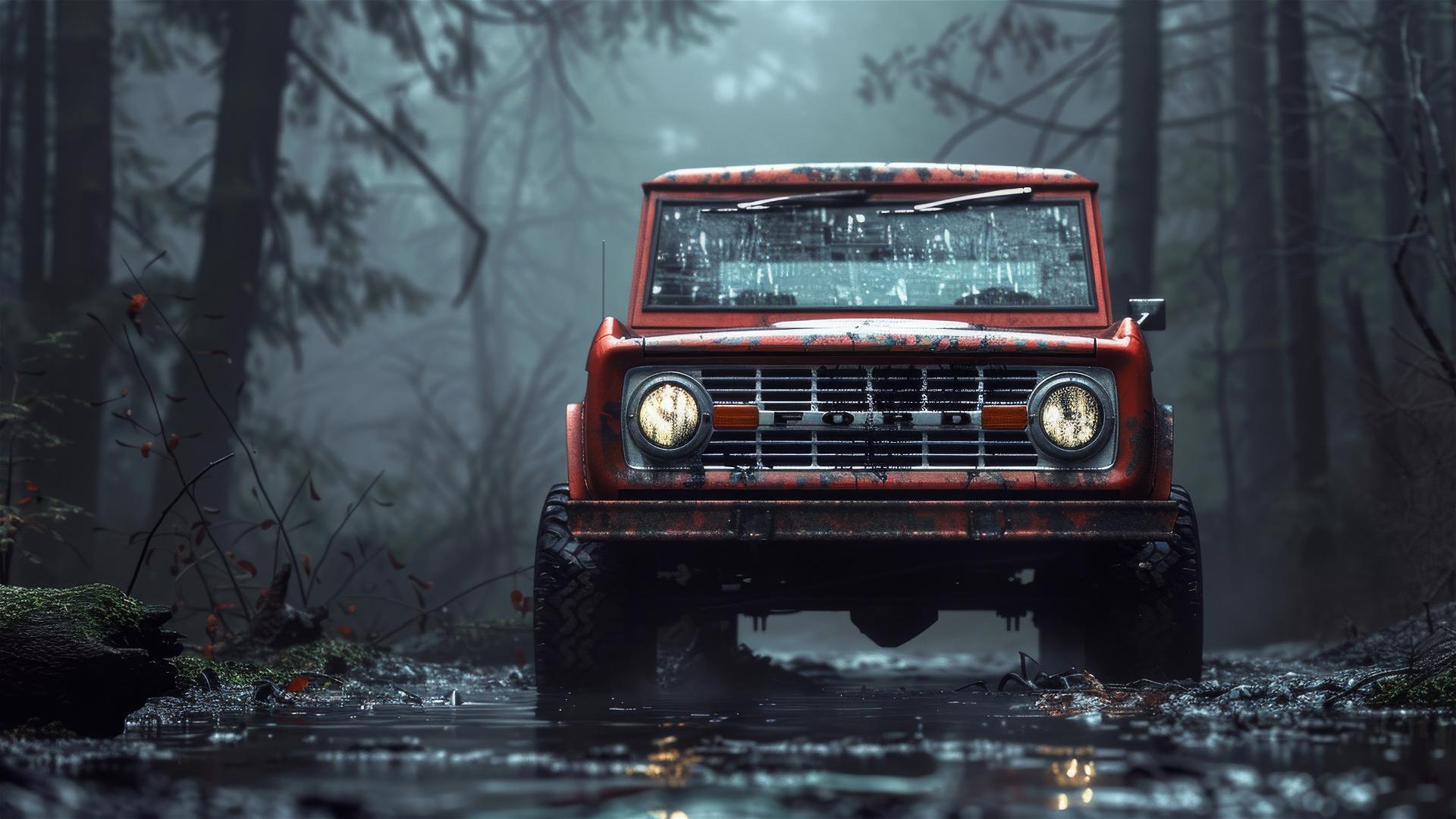 Closeup view of a foggy, dimly lit Ford Bronco in a photorealistic, gothic gloomy setting