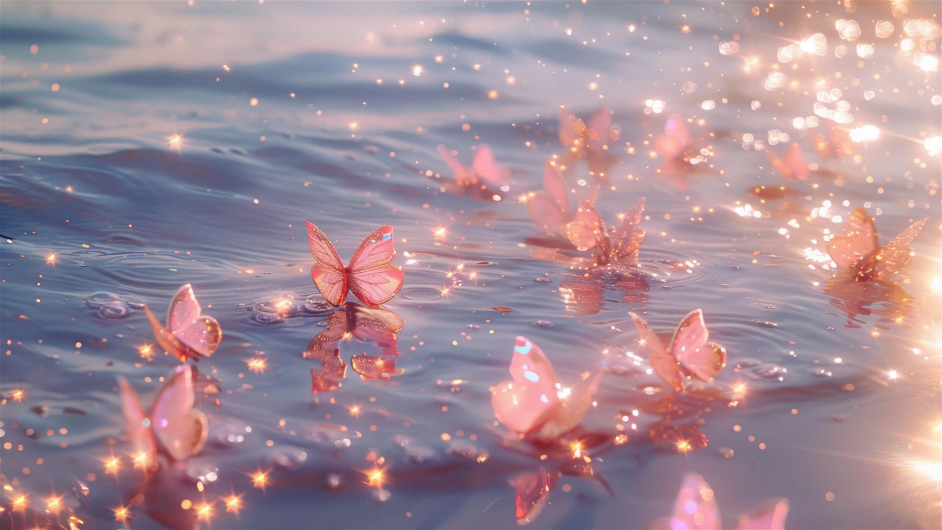 Whimsical, dreamlike sea with sparkles and pink gold butterflies, blurry details in light gold and pink