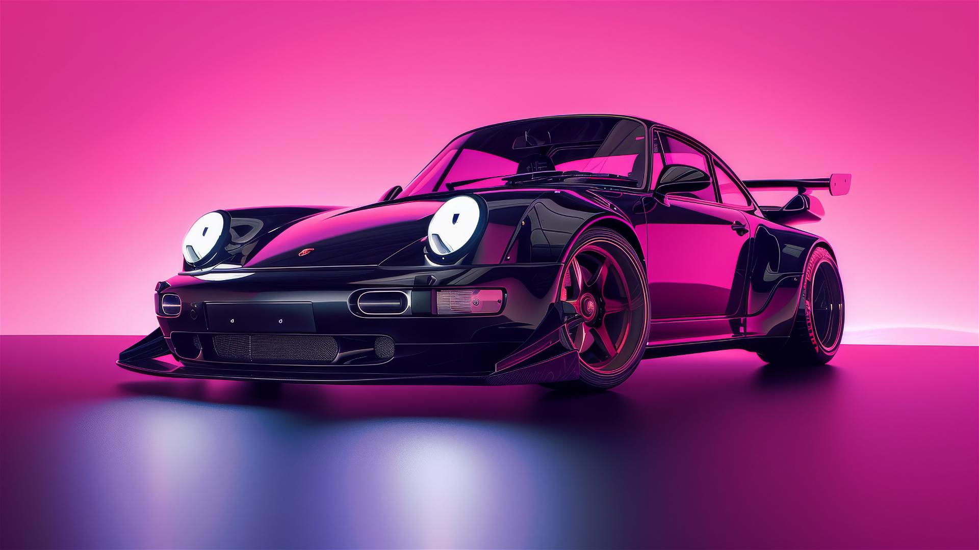 Black Porsche 993 Turbo with RWB widebody kit on pink background