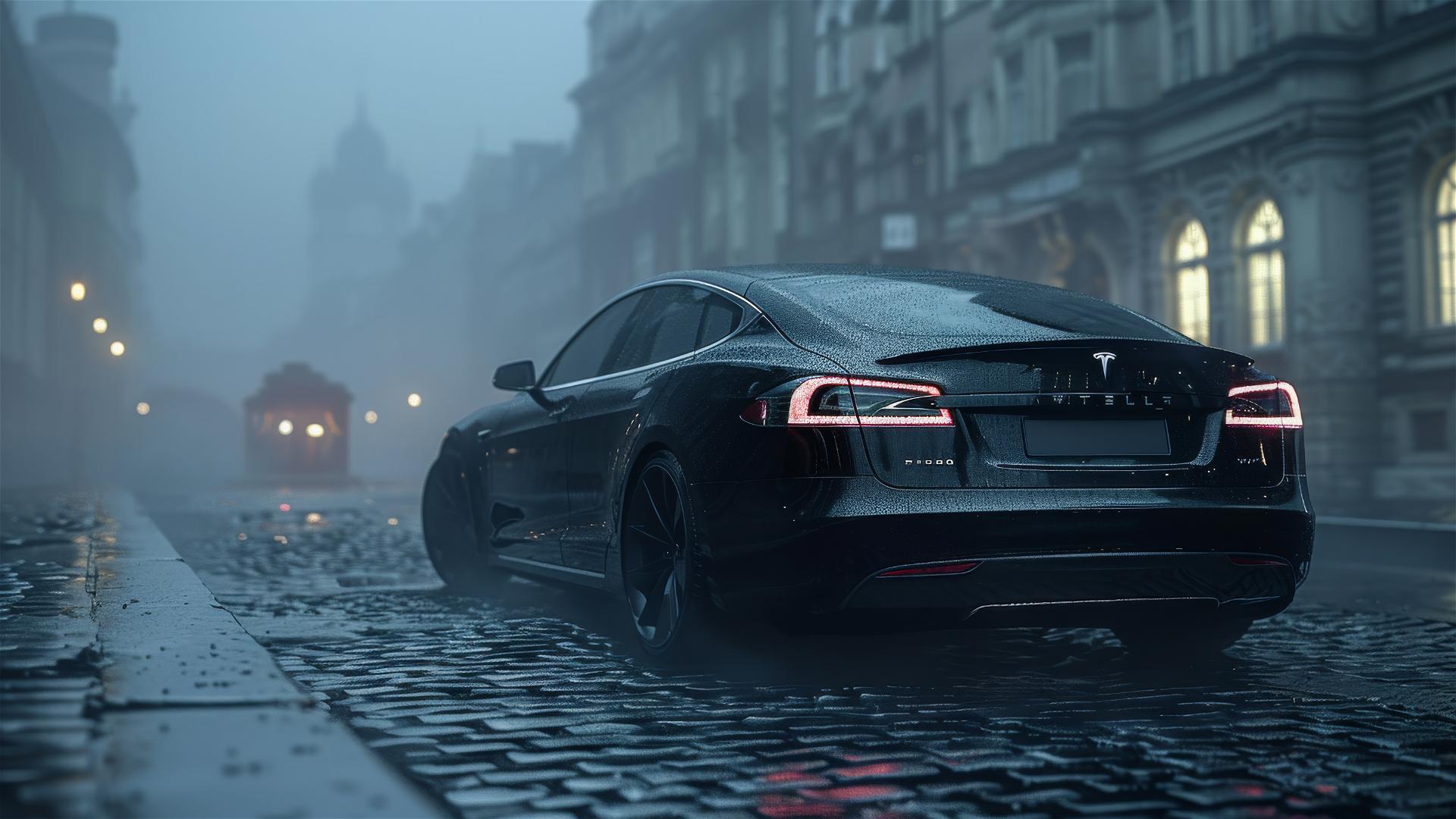 Tesla Model S under dim lighting with a gothic gloomy atmosphere in photorealistic 8k