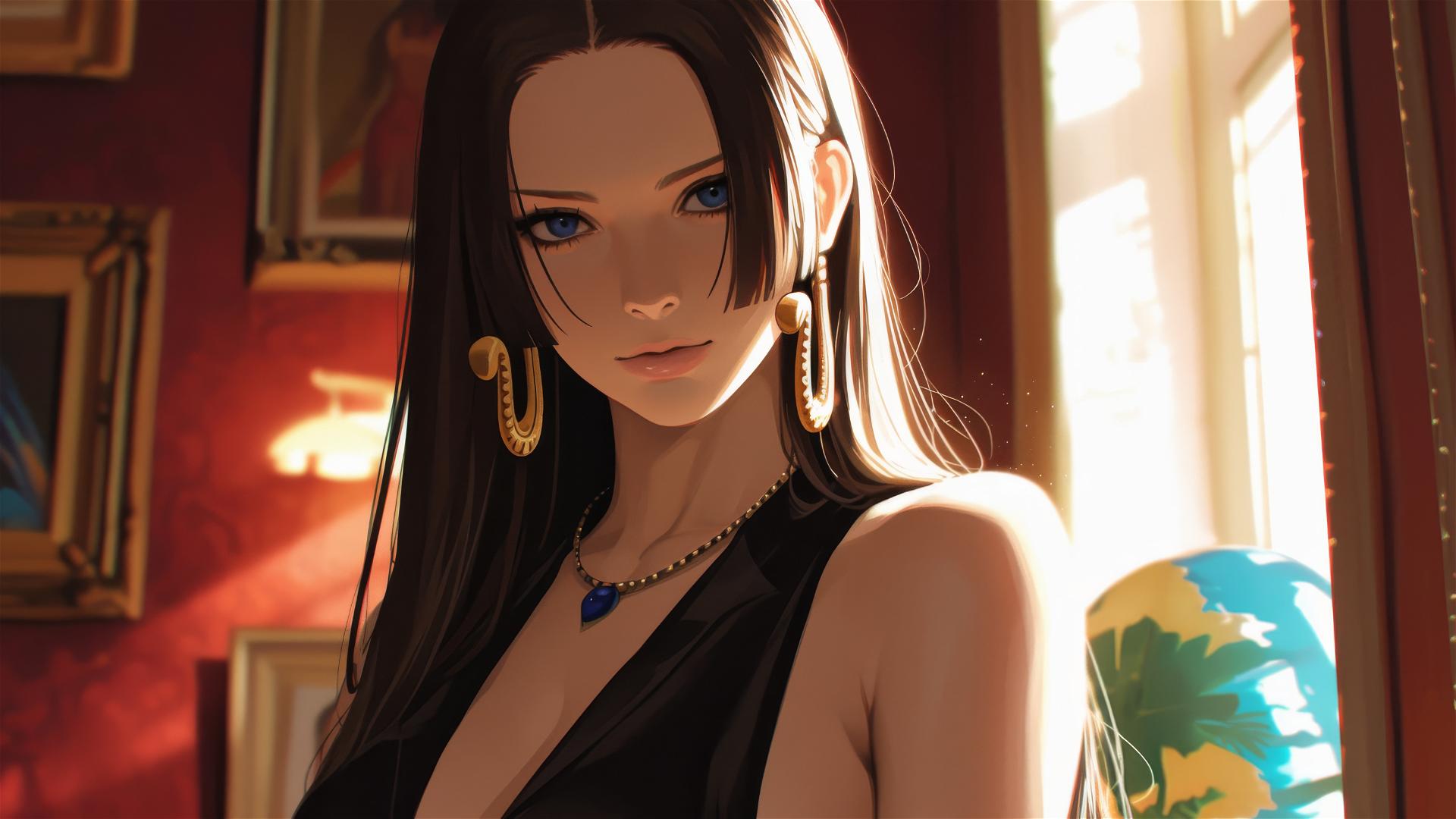 Boa Hancock from One Piece in an art gallery under soft lights