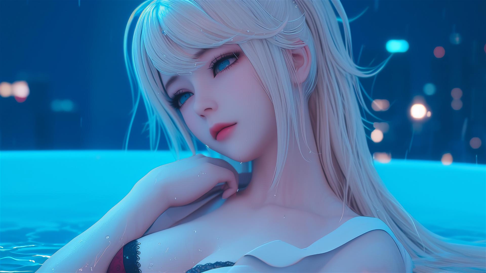 Junko Enoshima from Danganronpa resting in tub, hyper-realistic photo.