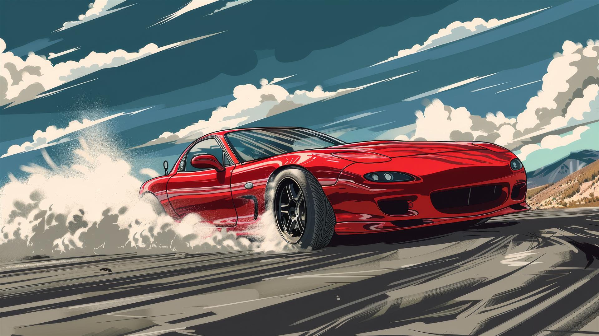 Mazda FD drifting in a manga-style illustration with red color palette