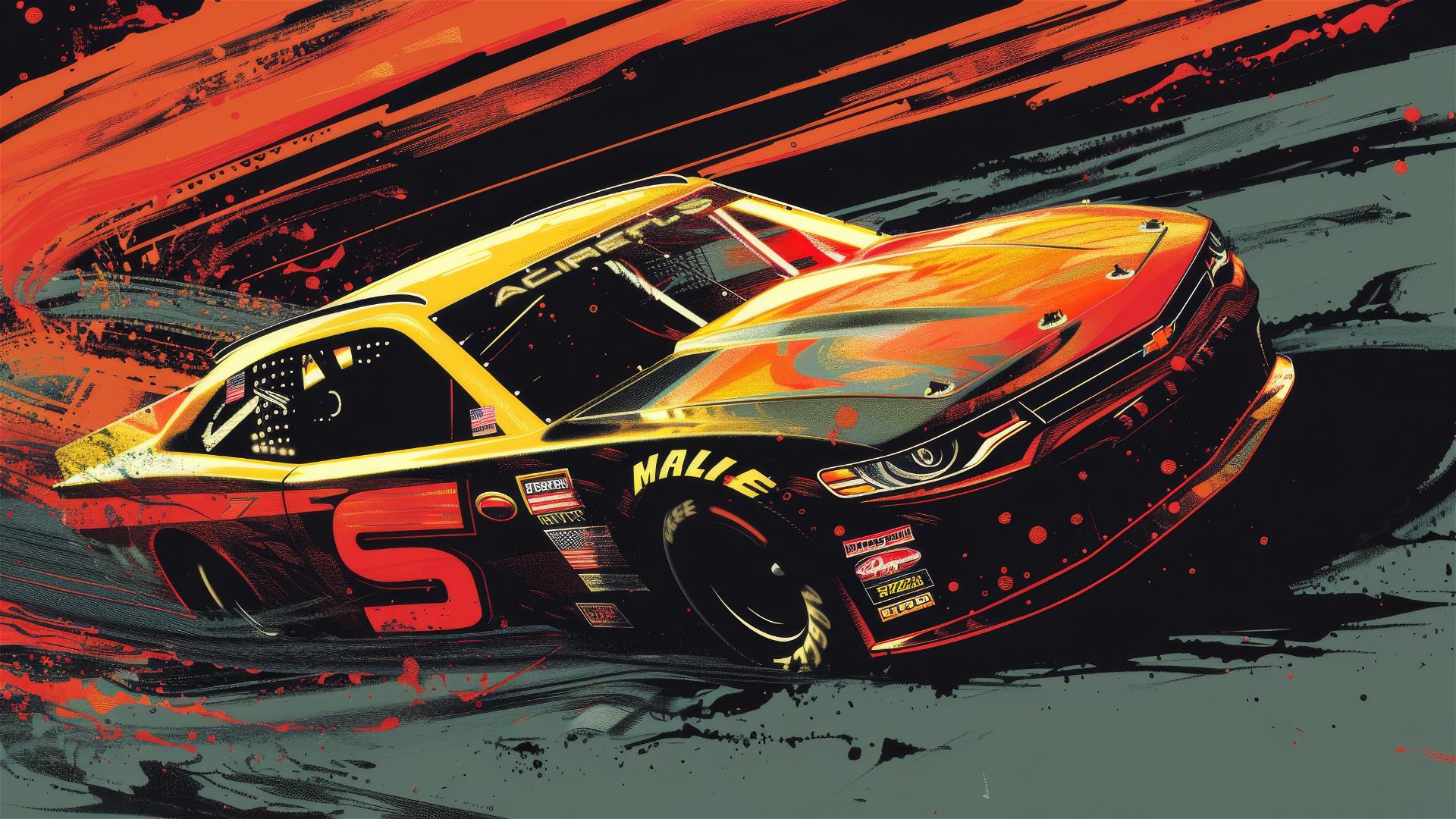 NASCAR-themed t-shirt design featuring race cars and logos
